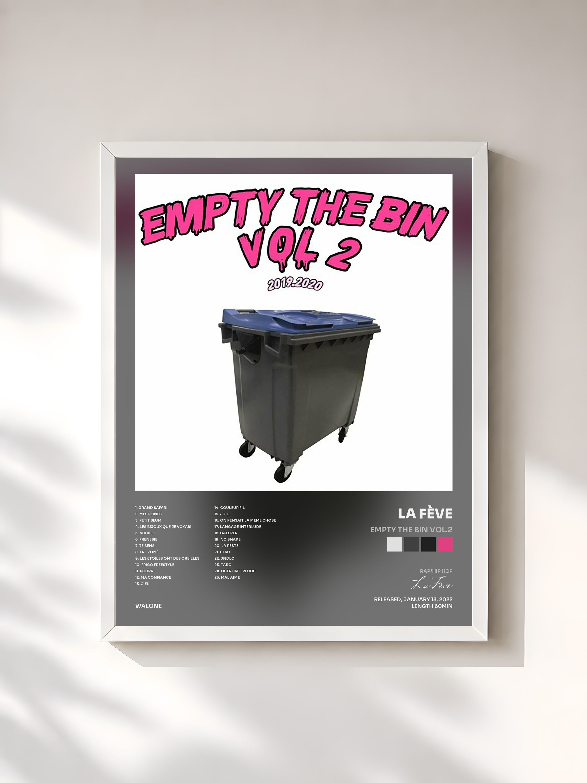 #blanc Tableau de l'album EMPTY THE BIN VOL.2 de La Fève, cadre blanc, imprimé et encadré en France