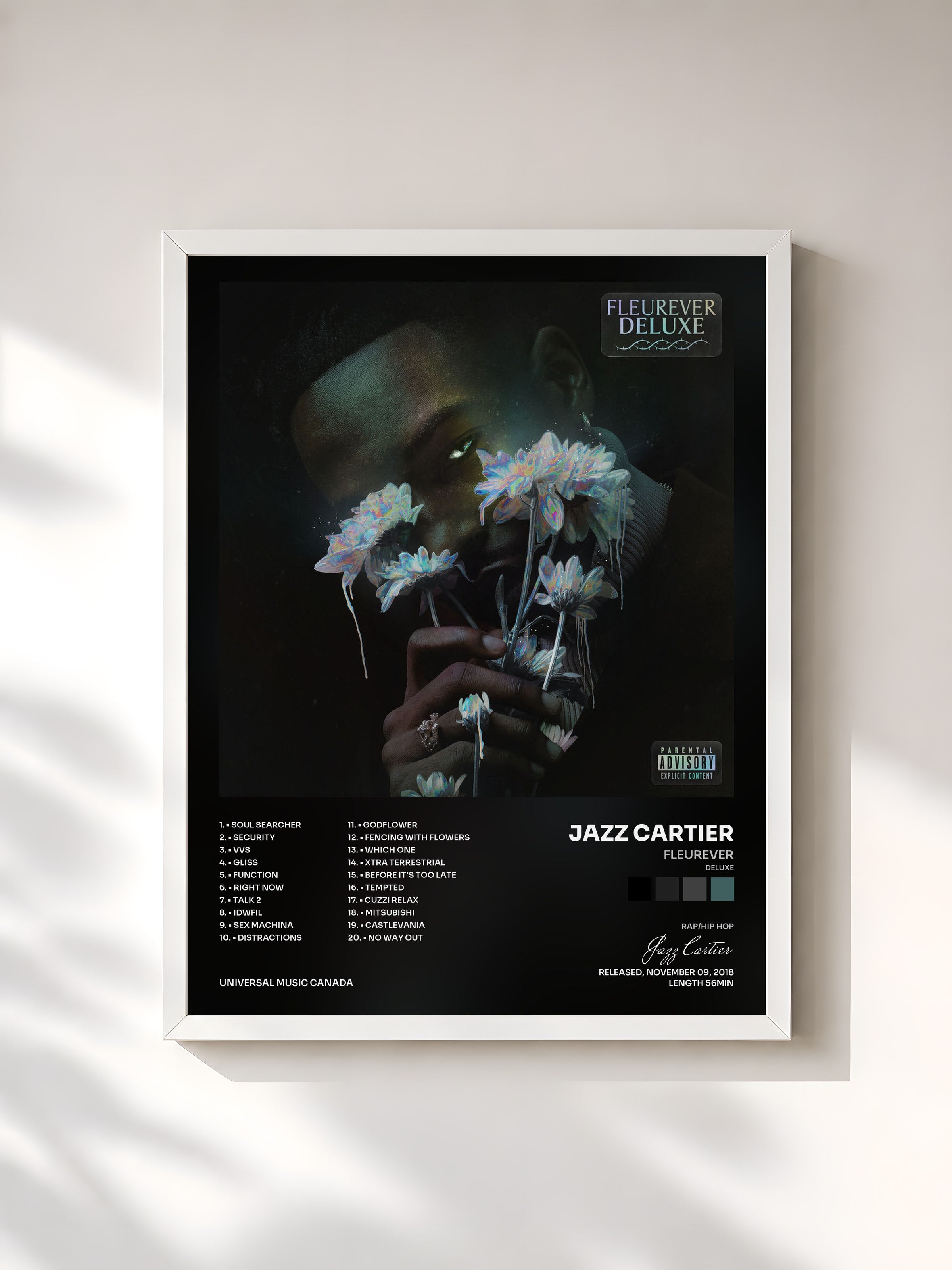 #blanc Tableau de l'album Fleurever (Deluxe) de Jazz Cartier, cadre blanc, imprimé et encadré en France
