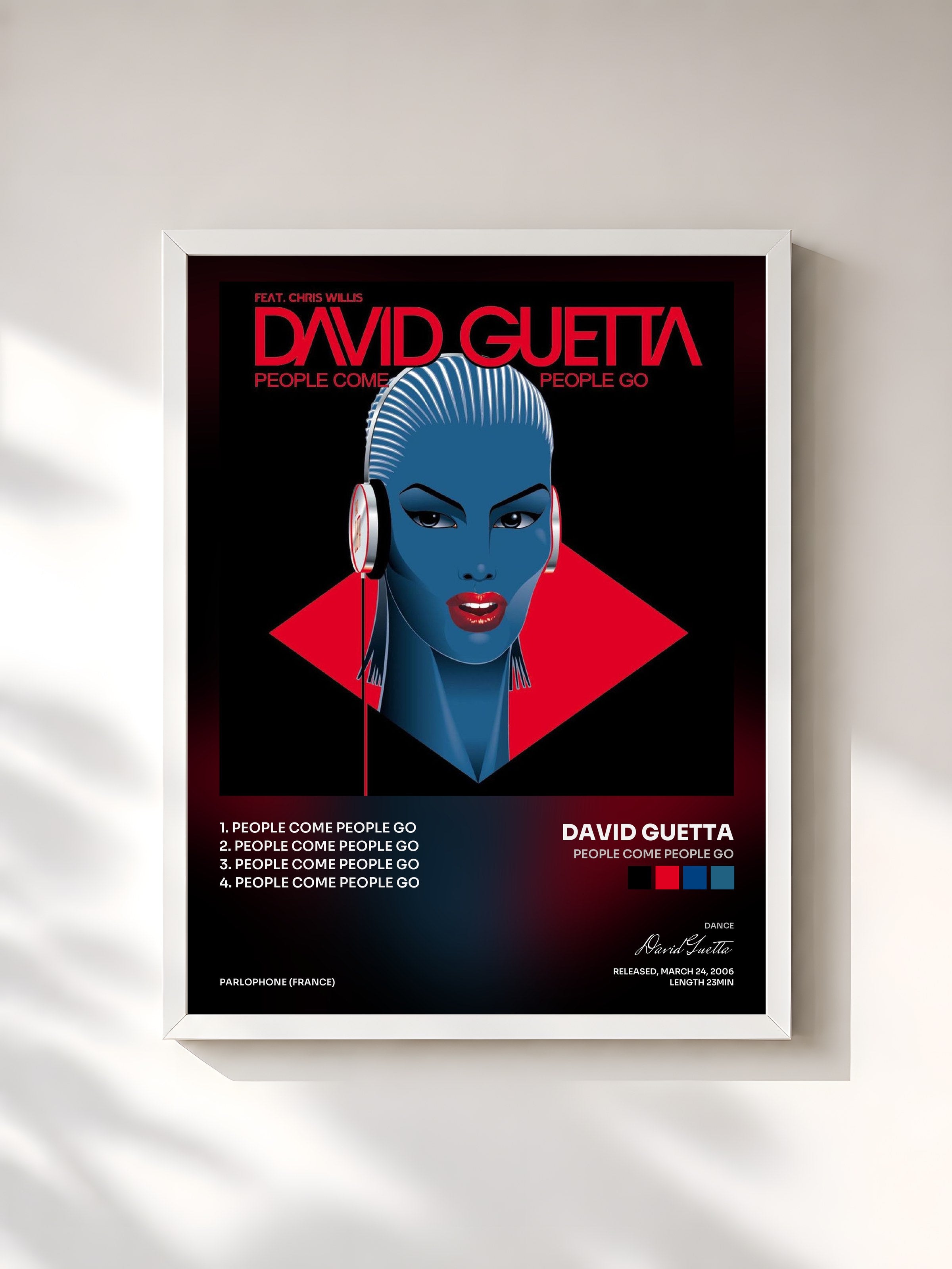 #blanc Tableau de l'album People Come People Go de David Guetta, cadre blanc, imprimé et encadré en France