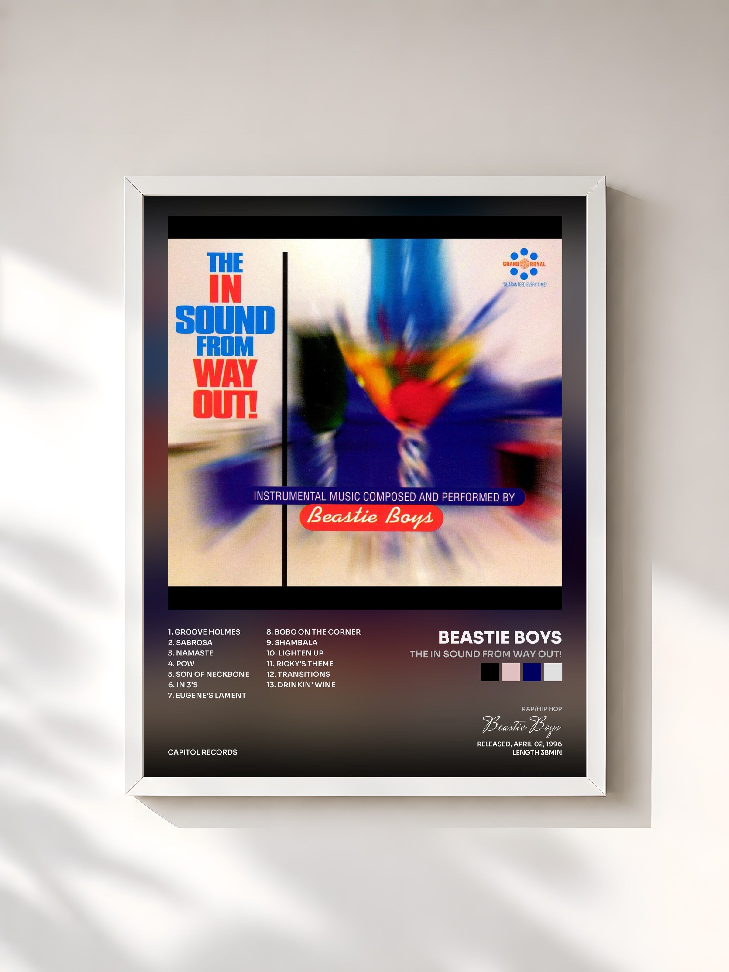 #blanc Tableau de l'album The In Sound From Way Out! de Beastie Boys, cadre blanc, imprimé et encadré en France