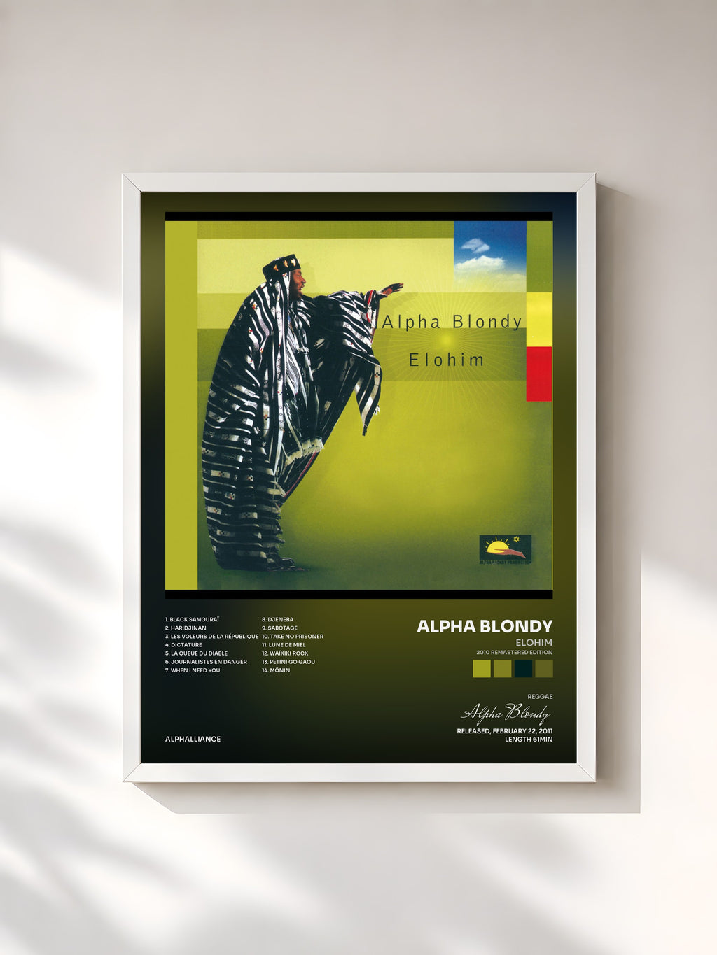 #blanc Tableau de l'album Elohim (2010 Remastered Edition) de Alpha Blondy, cadre blanc, imprimé et encadré en France