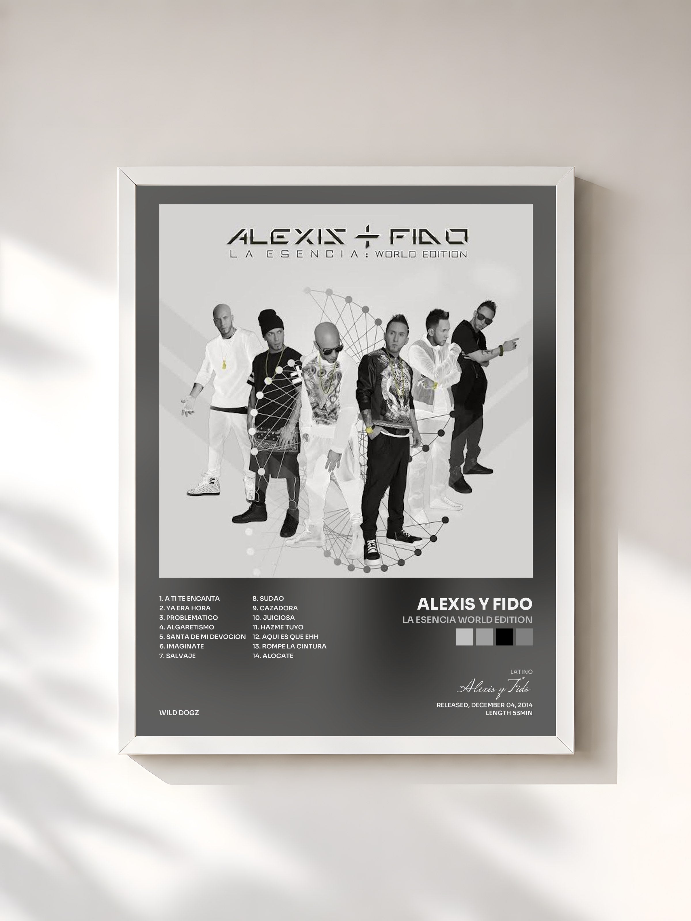 #blanc Tableau de l'album La Esencia World Edition de Alexis y Fido, cadre blanc, imprimé et encadré en France