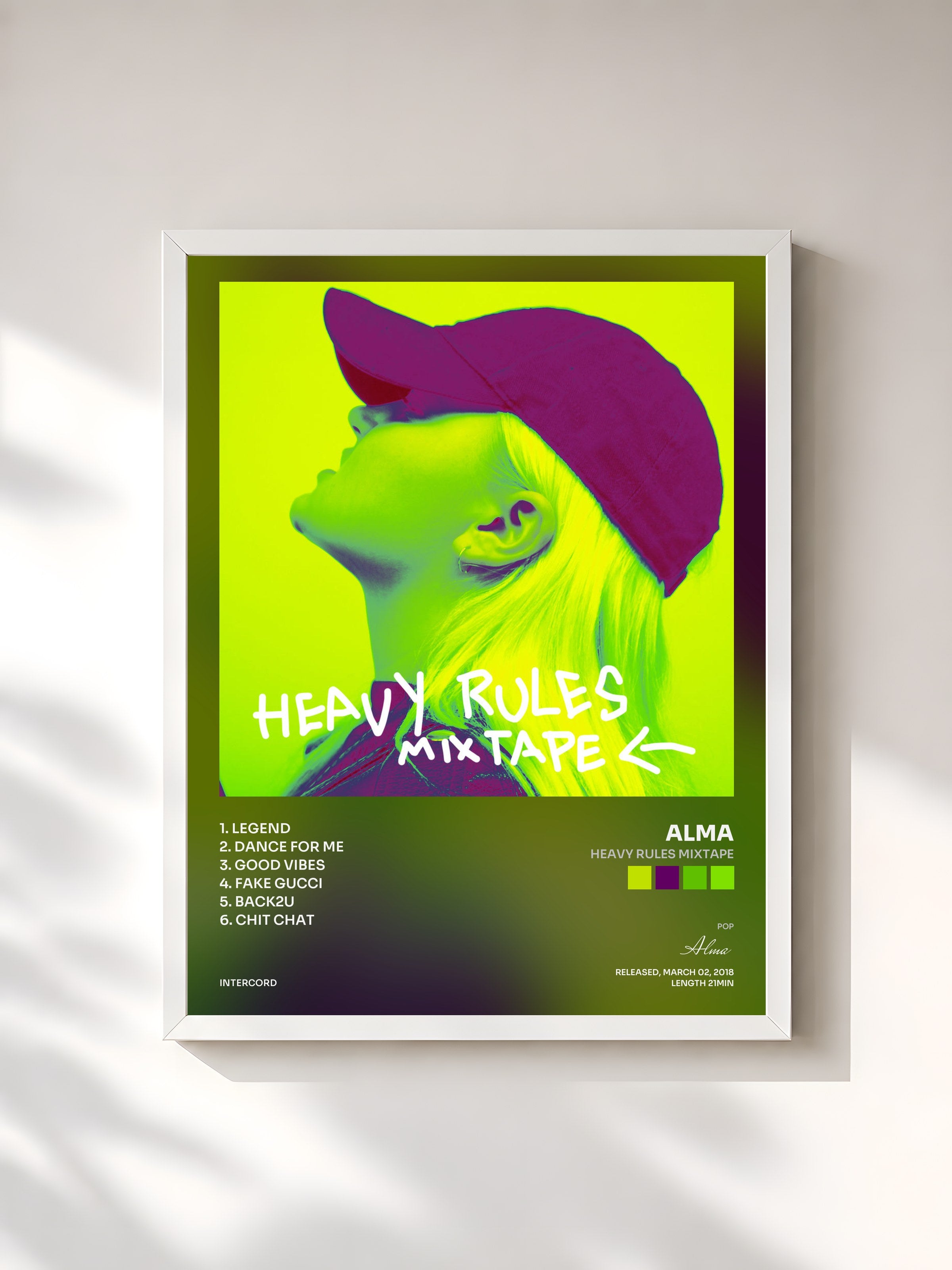 #blanc Tableau de l'album Heavy Rules Mixtape de Alma, cadre blanc, imprimé et encadré en France
