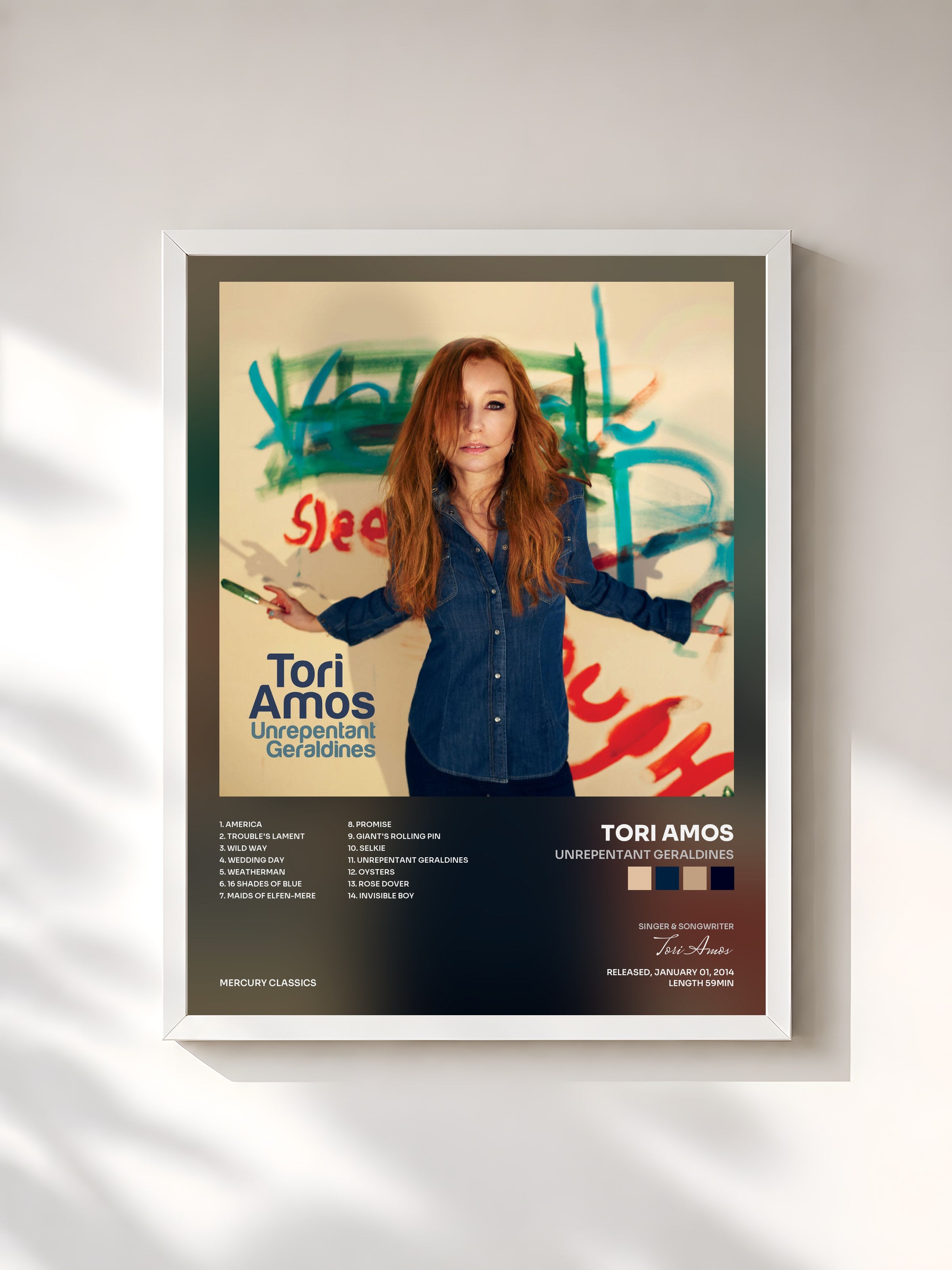 #blanc Tableau de l'album Unrepentant Geraldines de Tori Amos, cadre blanc, imprimé et encadré en France