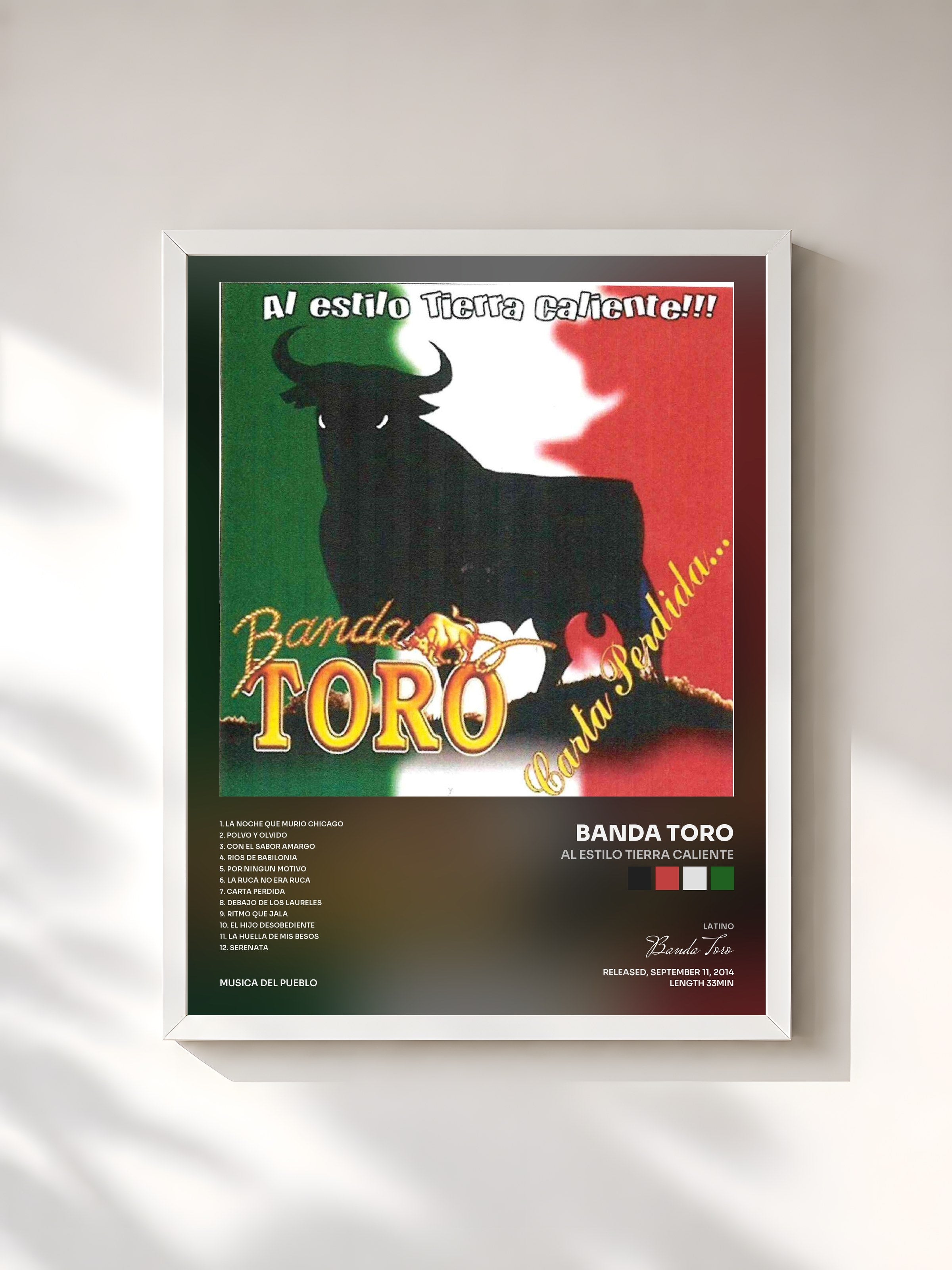 #blanc Tableau de l'album Al Estilo Tierra Caliente de Banda Toro, cadre blanc, imprimé et encadré en France