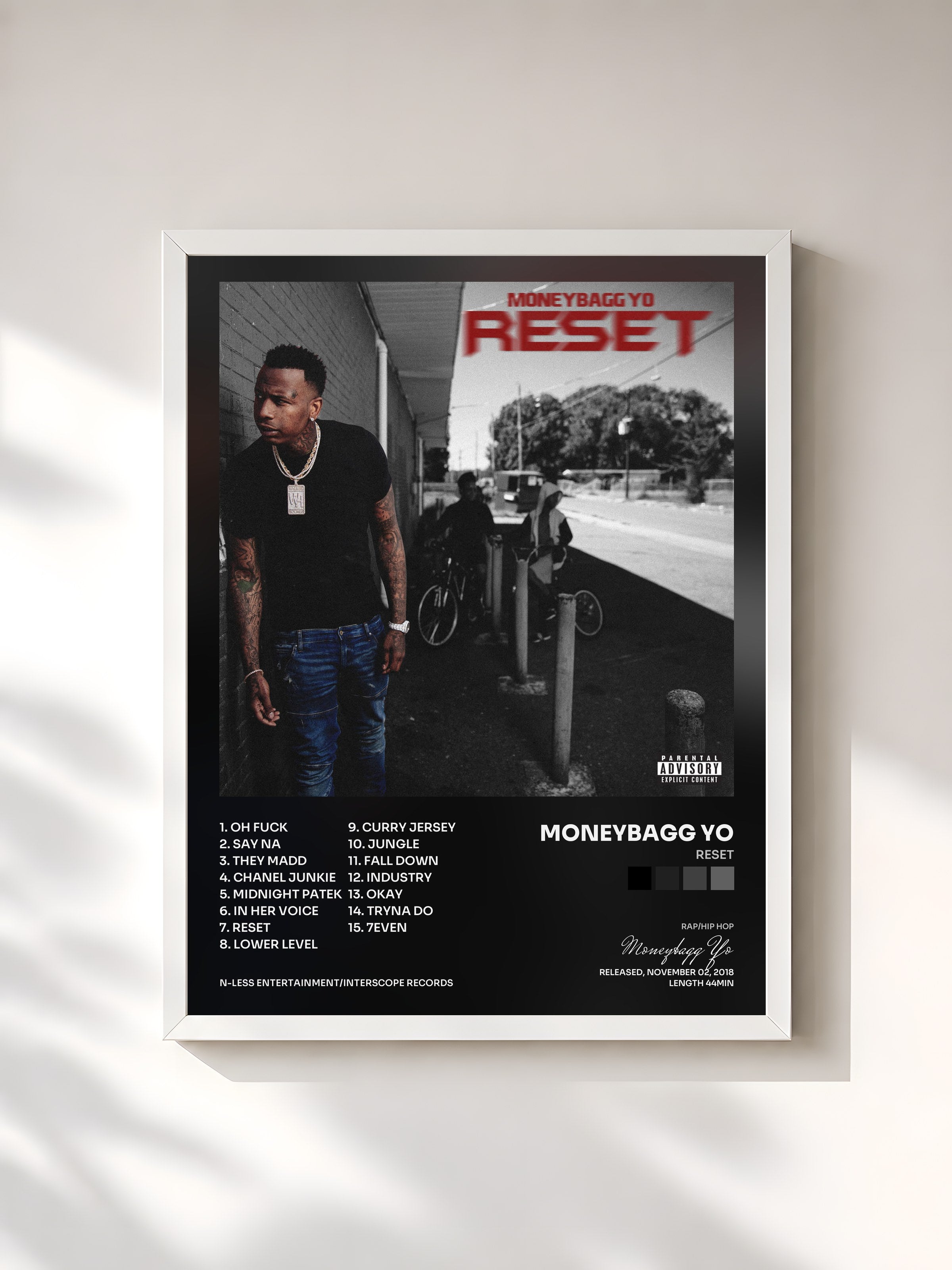 #blanc Tableau de l'album RESET de Moneybagg Yo, cadre blanc, imprimé et encadré en France