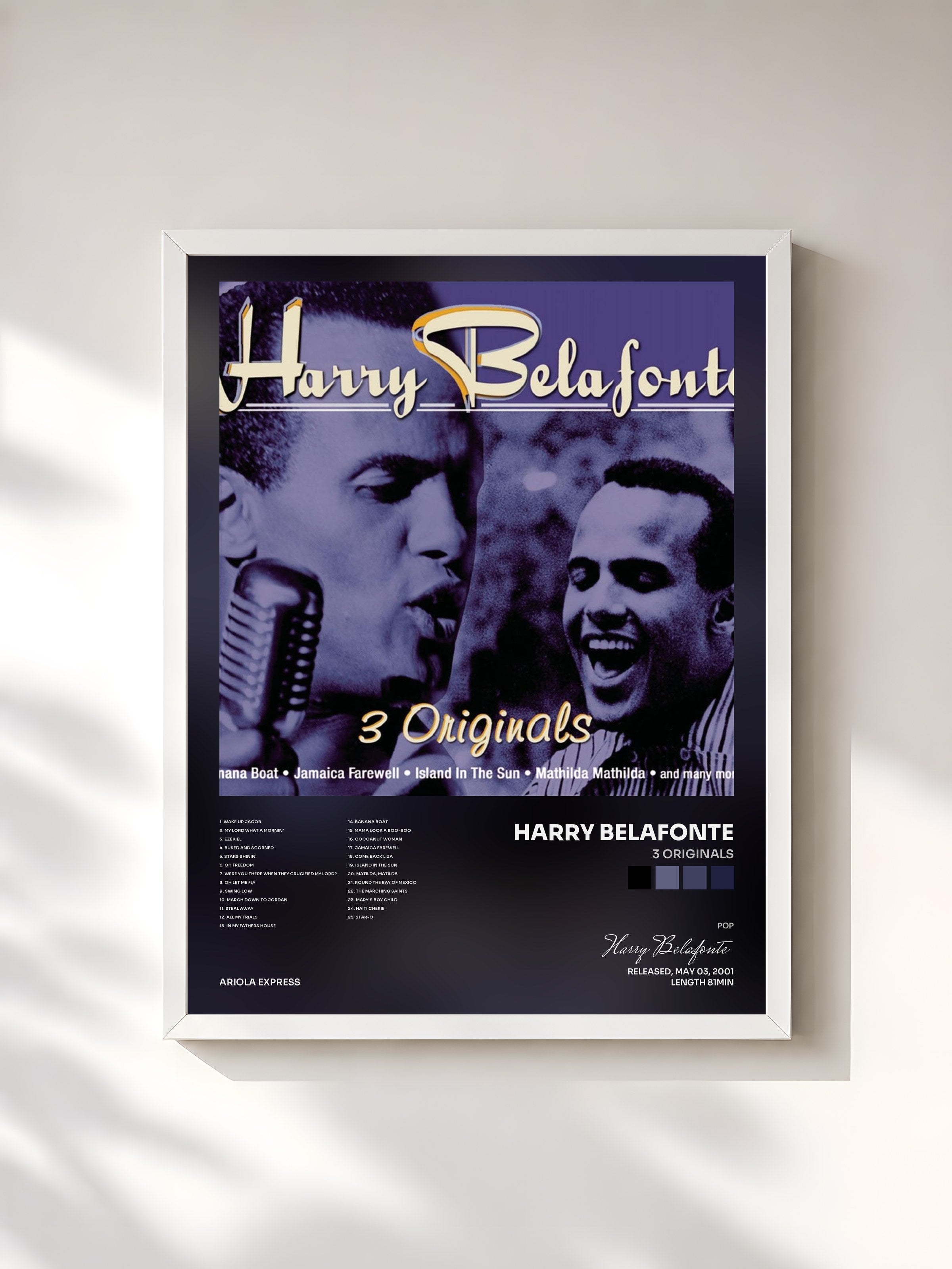 #blanc Tableau de l'album 3 Originals de Harry Belafonte, cadre blanc, imprimé et encadré en France