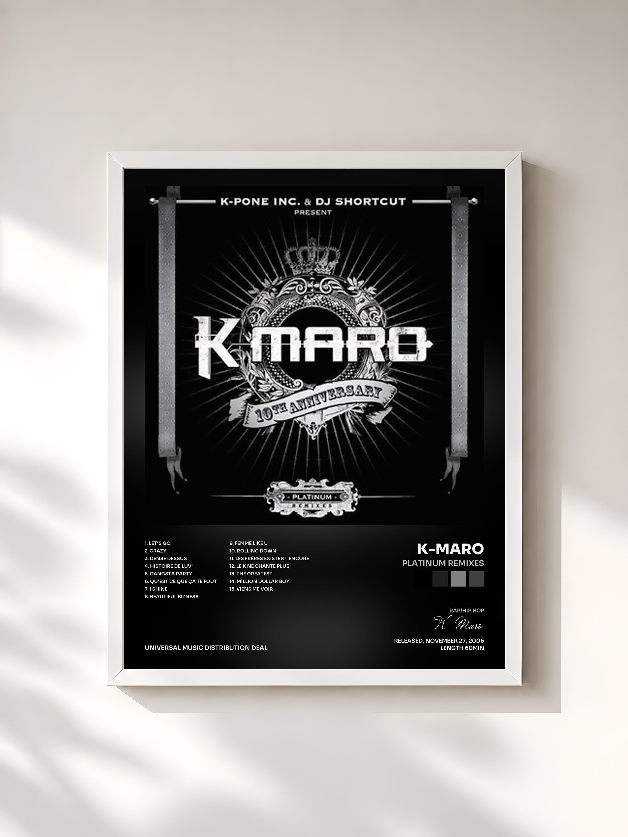 #blanc Tableau de l'album Platinum Remixes de K-Maro, cadre blanc, imprimé et encadré en France