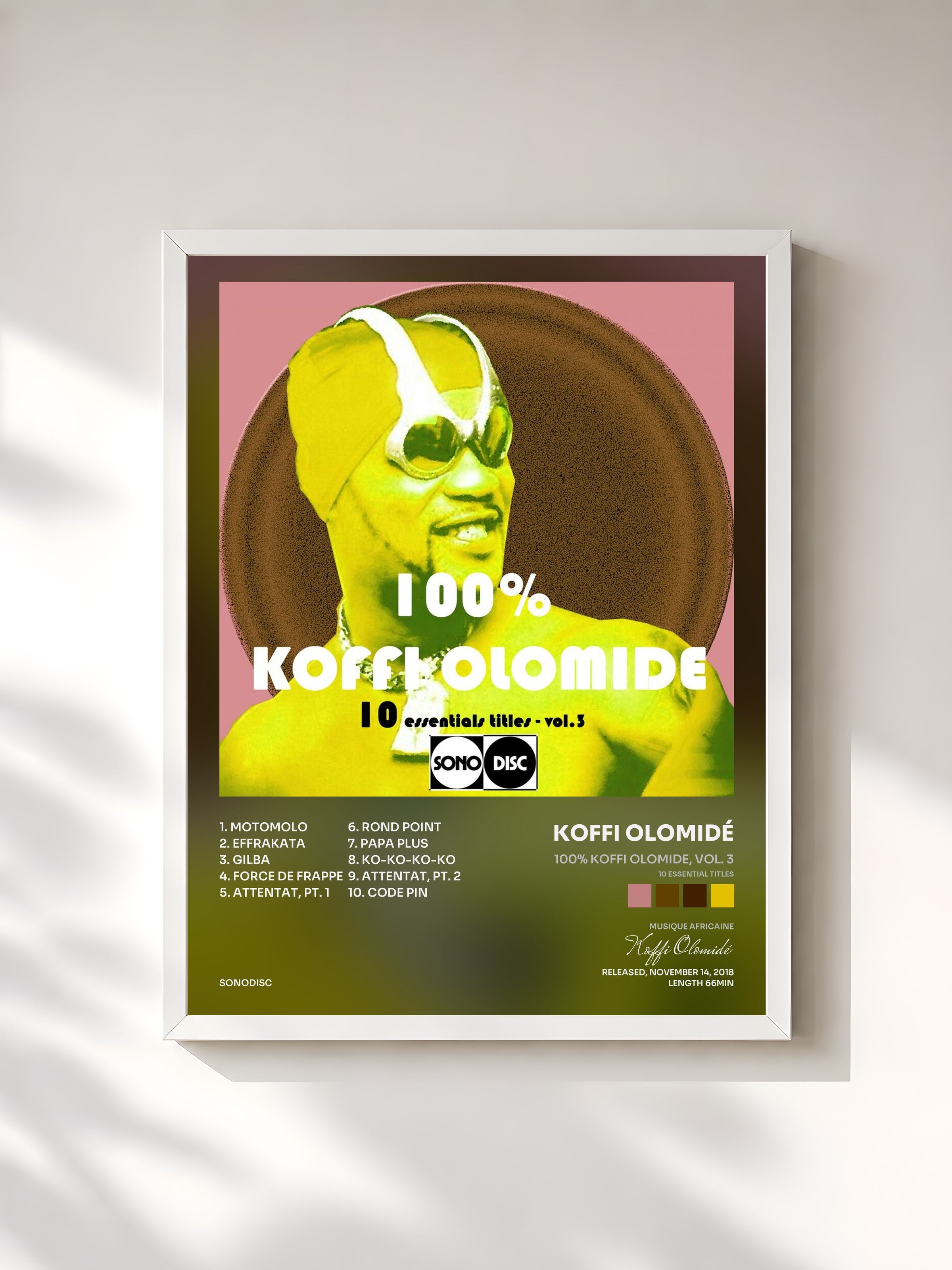 #blanc Tableau de l'album 100% Koffi Olomide, vol. 3 (10 Essential Titles) de Koffi Olomidé, cadre blanc, imprimé et encadré en France