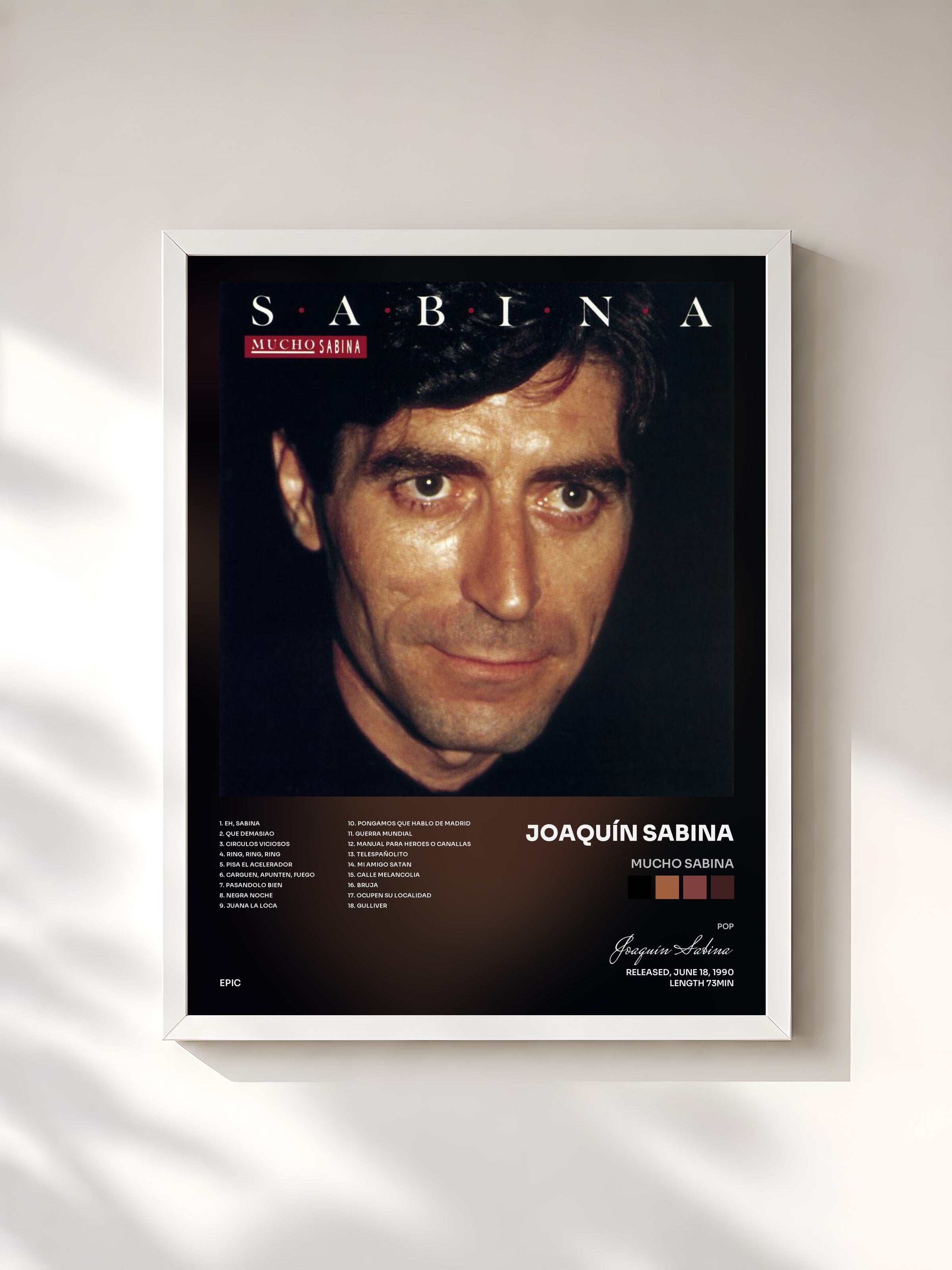 #blanc Tableau de l'album Mucho Sabina de Joaquín Sabina, cadre blanc, imprimé et encadré en France