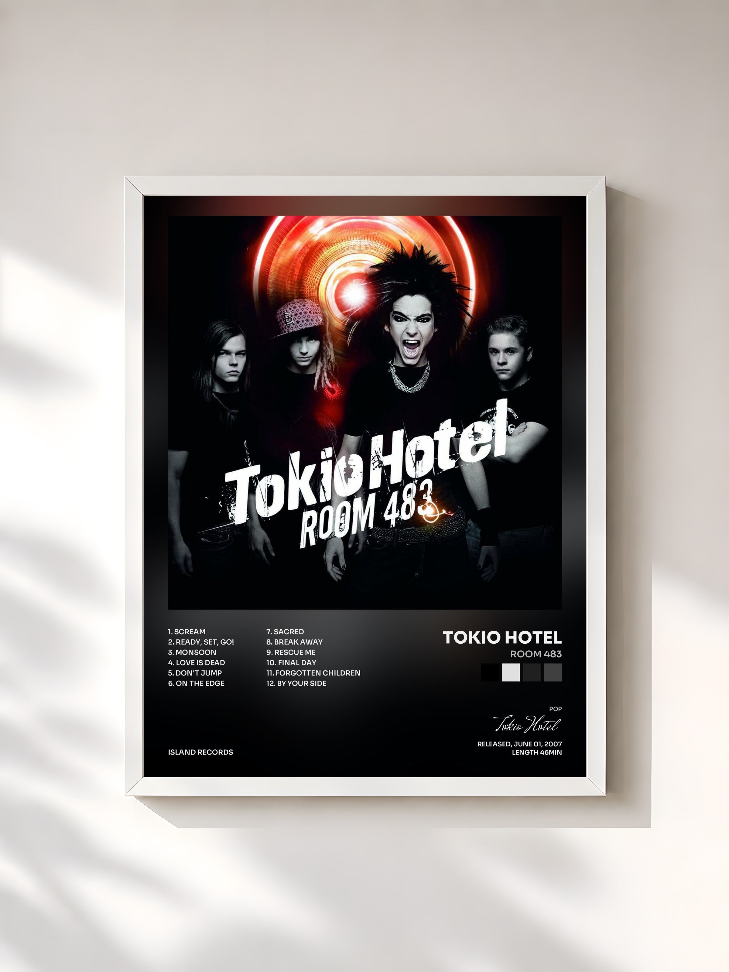 #blanc Tableau de l'album Room 483 de Tokio Hotel, cadre blanc, imprimé et encadré en France