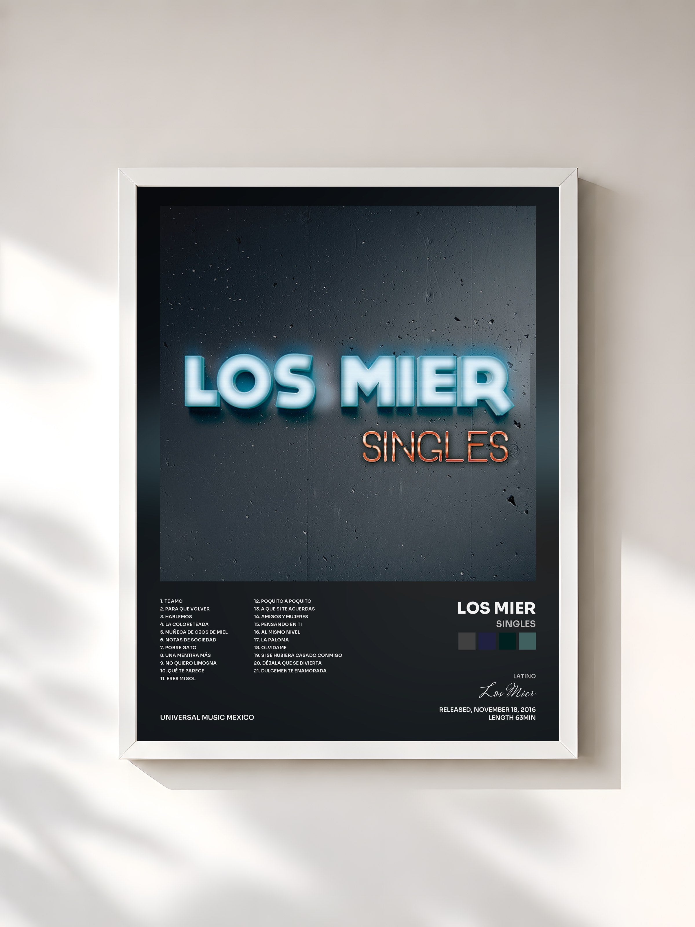 #blanc Tableau de l'album Singles de Los Mier, cadre blanc, imprimé et encadré en France