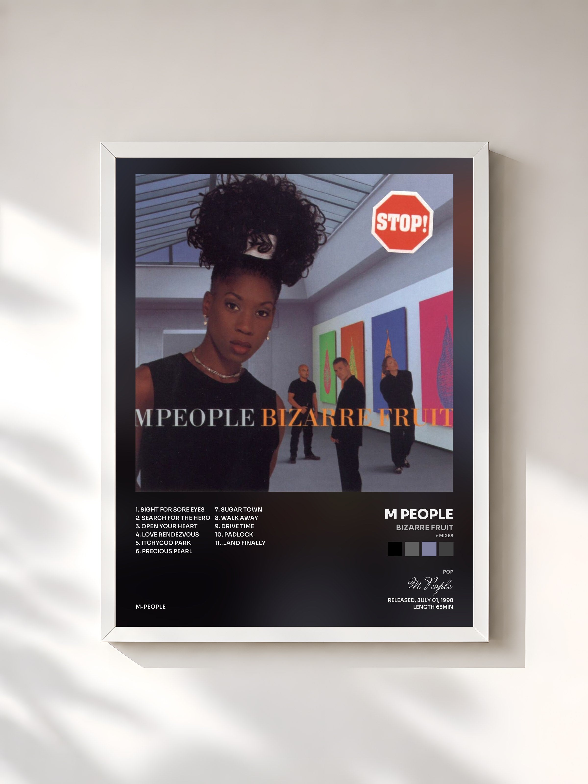 #blanc Tableau de l'album Bizarre Fruit ( + Mixes) de M People, cadre blanc, imprimé et encadré en France