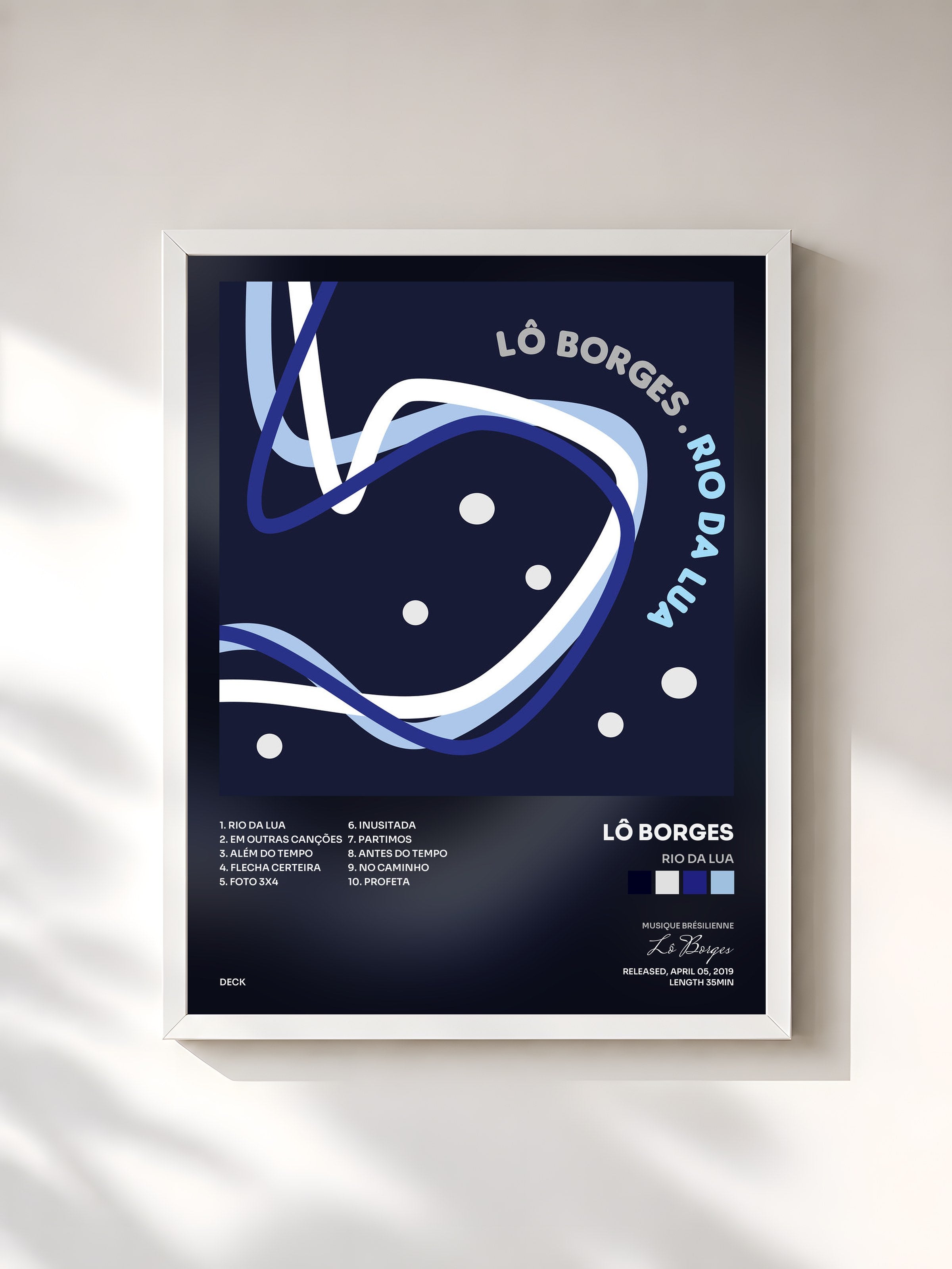 #blanc Tableau de l'album Rio da Lua de Lô Borges, cadre blanc, imprimé et encadré en France