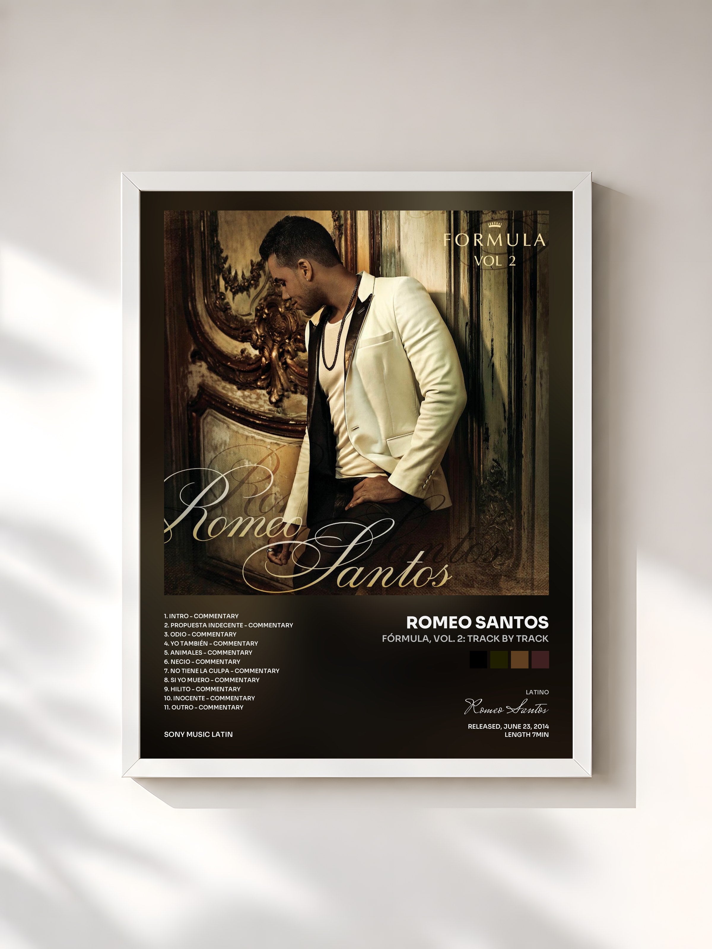 #blanc Tableau de l'album Fórmula, Vol. 2: Track by Track de Romeo Santos, cadre blanc, imprimé et encadré en France