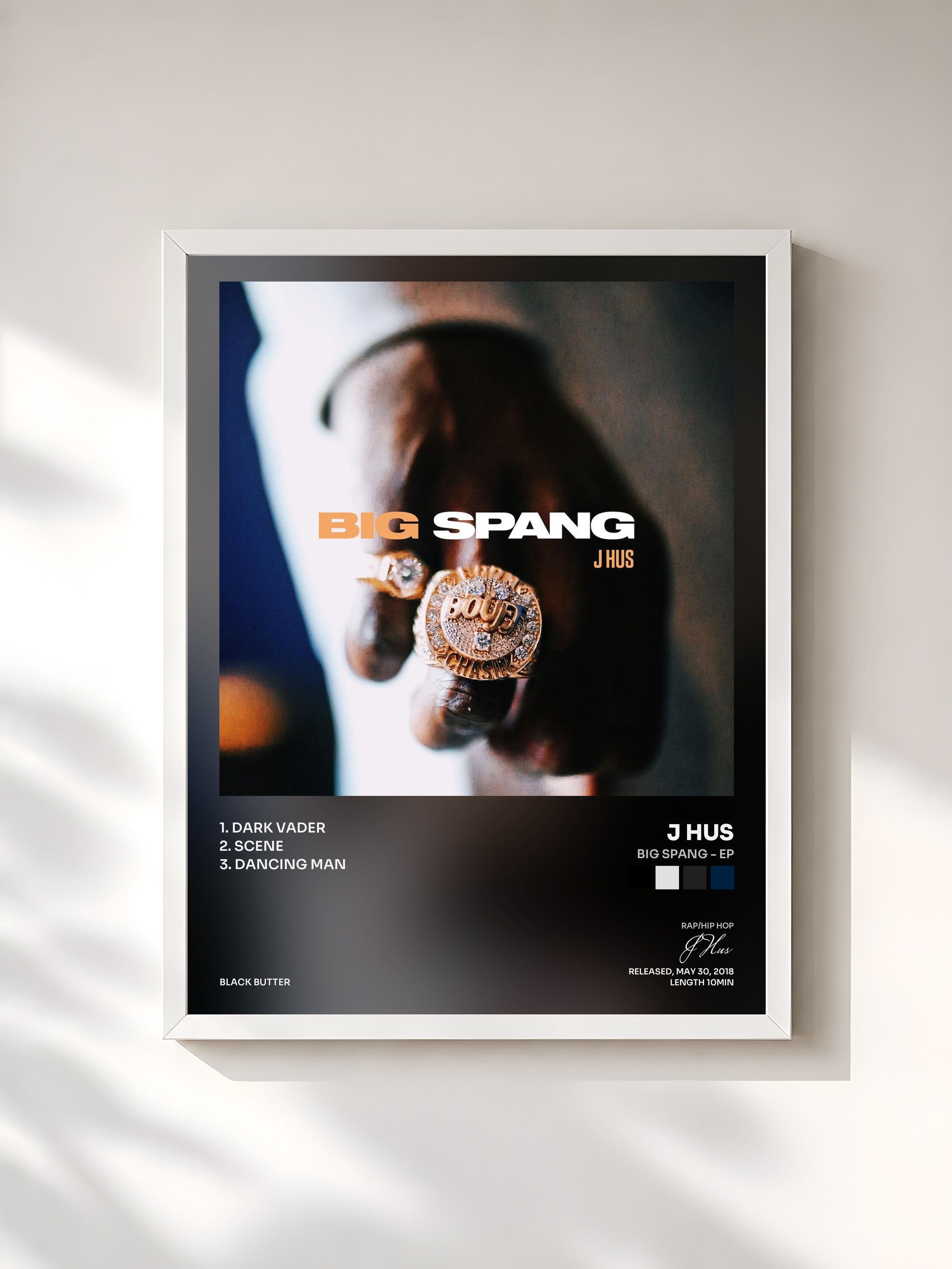 #blanc Tableau de l'album Big Spang - EP de J Hus, cadre blanc, imprimé et encadré en France