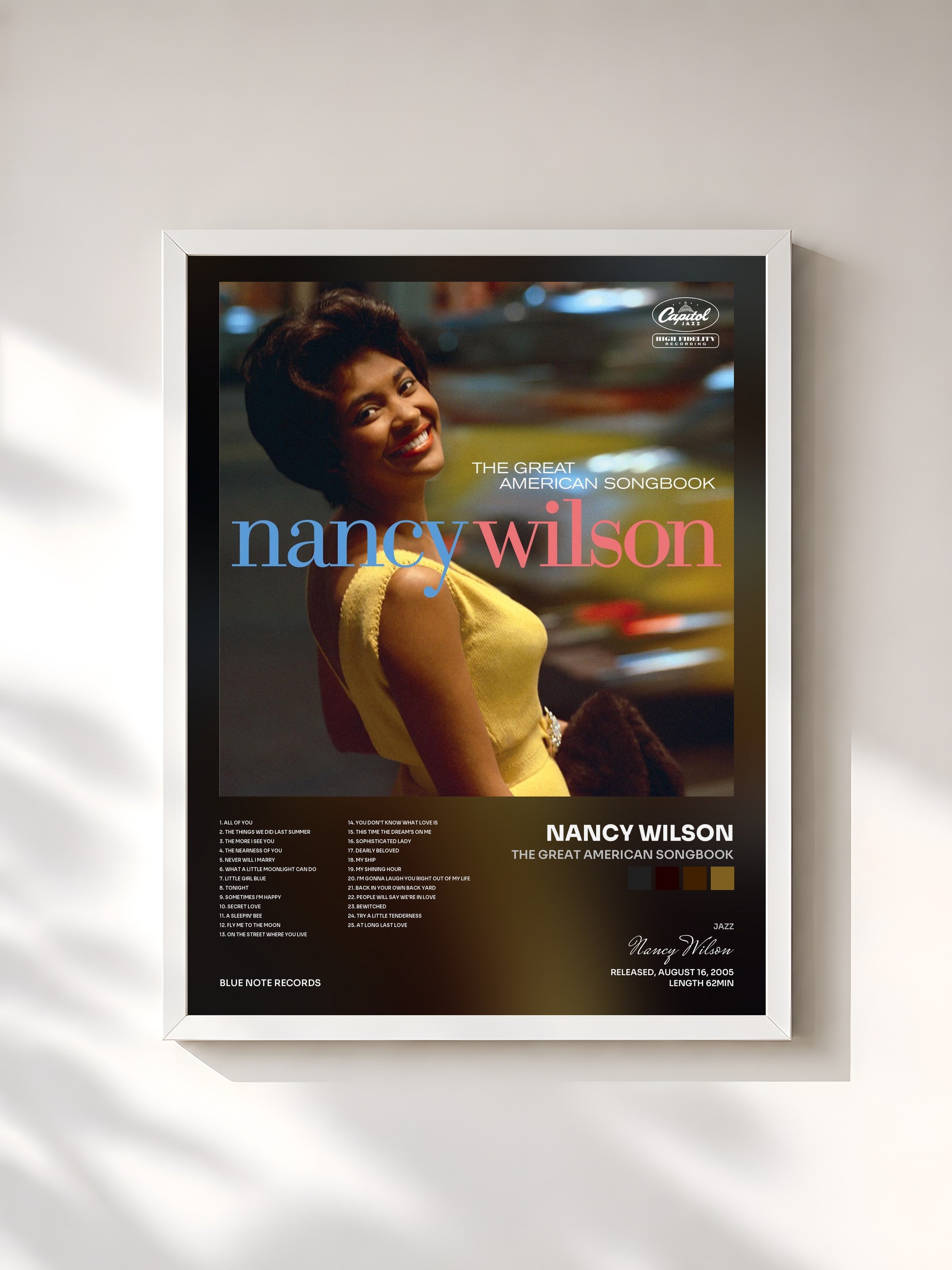 #blanc Tableau de l'album The Great American Songbook de Nancy Wilson, cadre blanc, imprimé et encadré en France