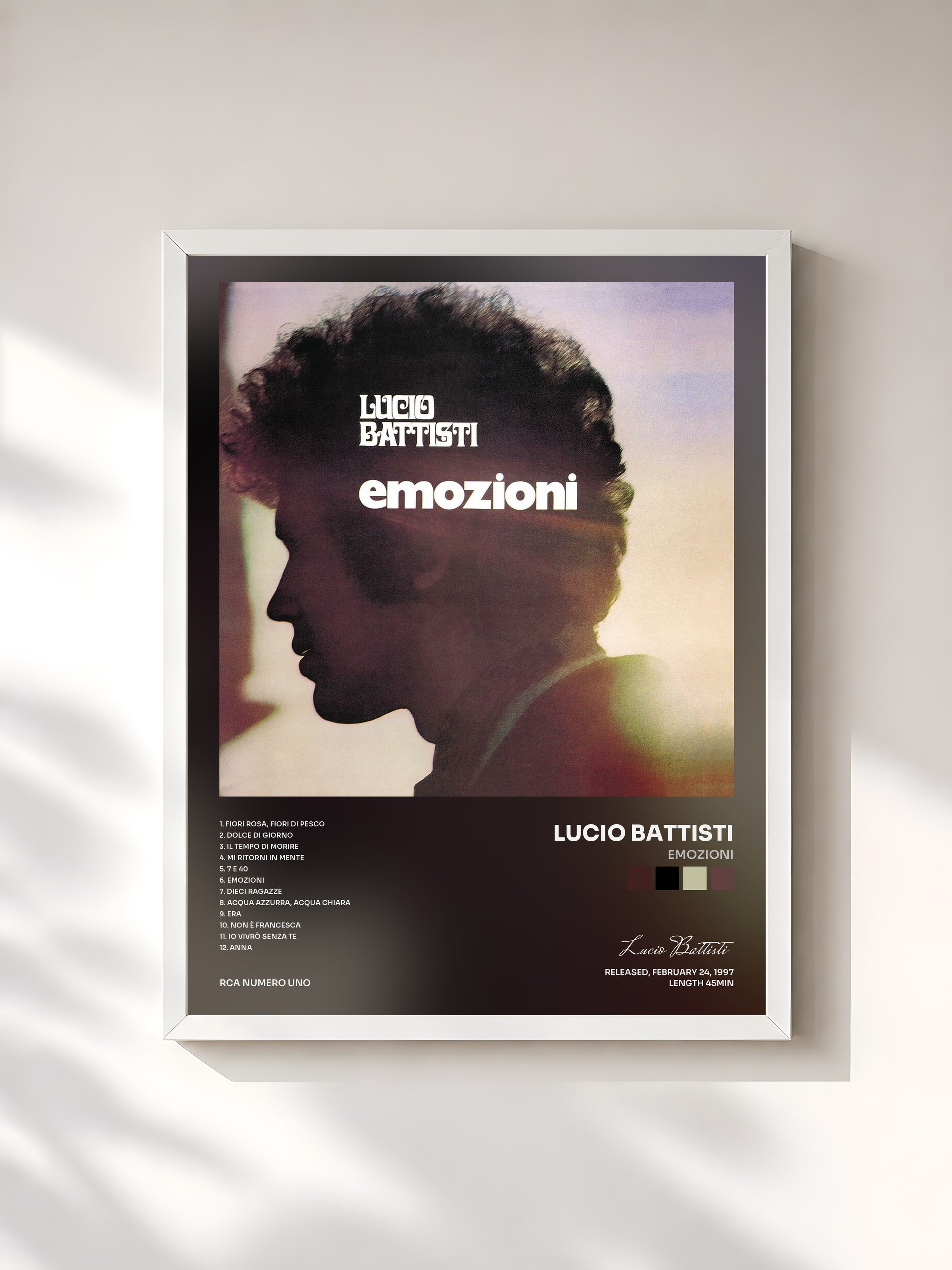 #blanc Tableau de l'album Emozioni de Lucio Battisti, cadre blanc, imprimé et encadré en France