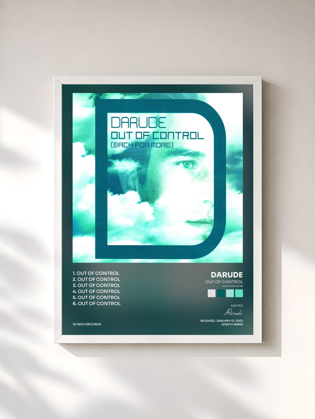 #blanc Out of Control (Back for More) by Darude as a framed art print, white frame, printed and framed in France
