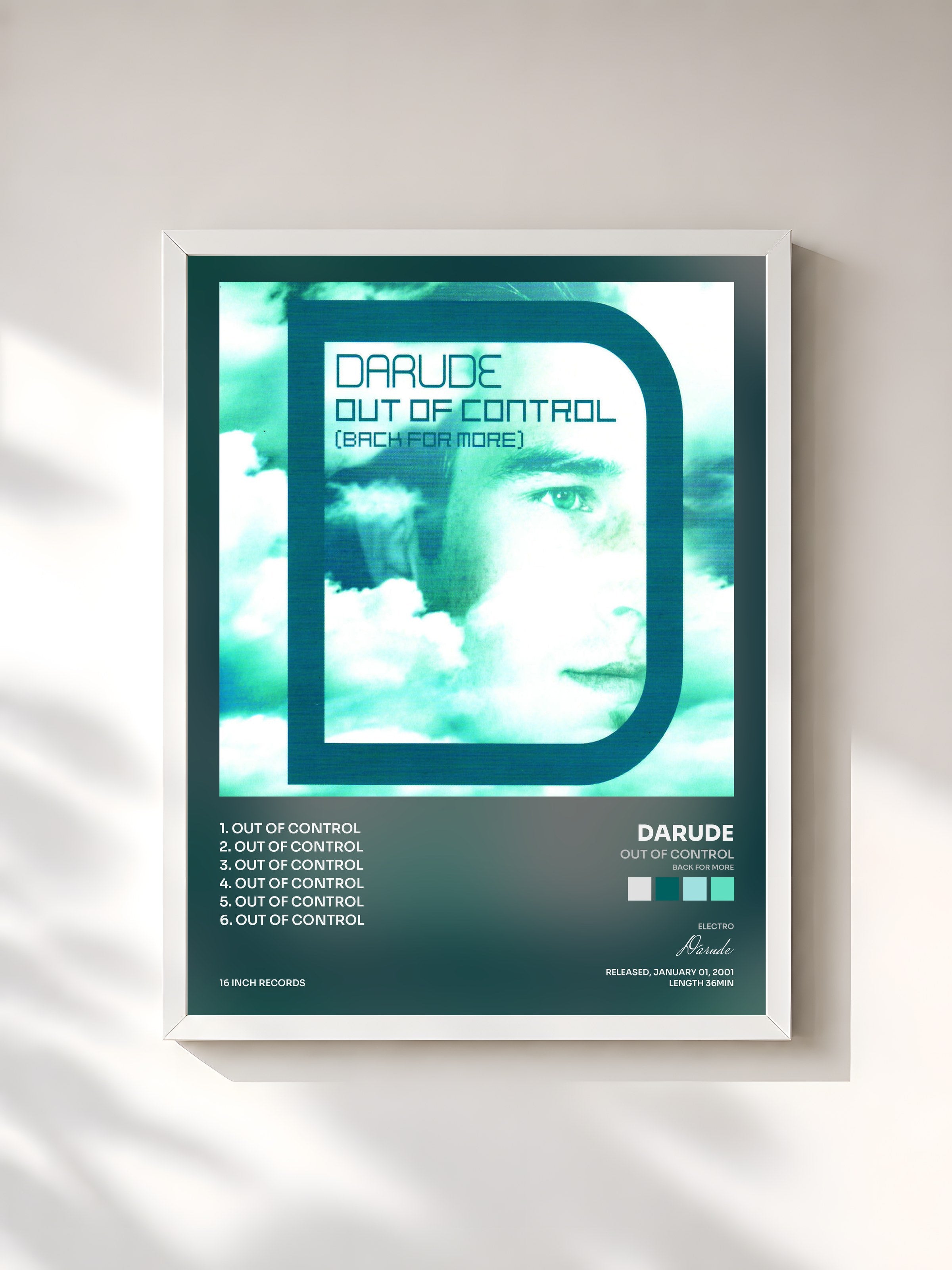 #blanc Tableau de l'album Out of Control (Back for More) de Darude, cadre blanc, imprimé et encadré en France