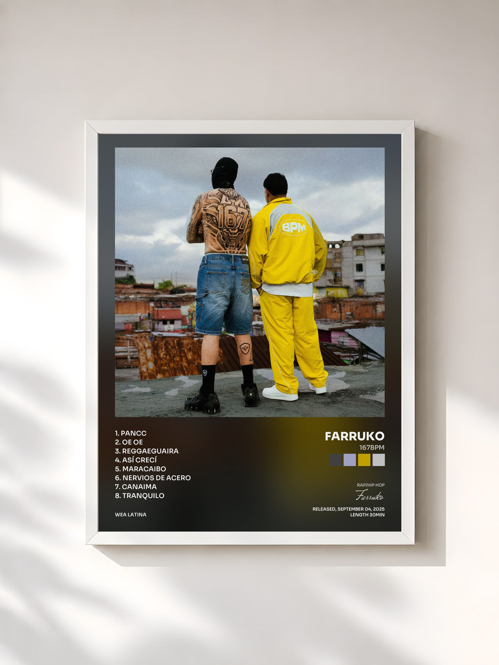 #blanc Tableau de l'album 167BPM de Farruko, cadre blanc, imprimé et encadré en France