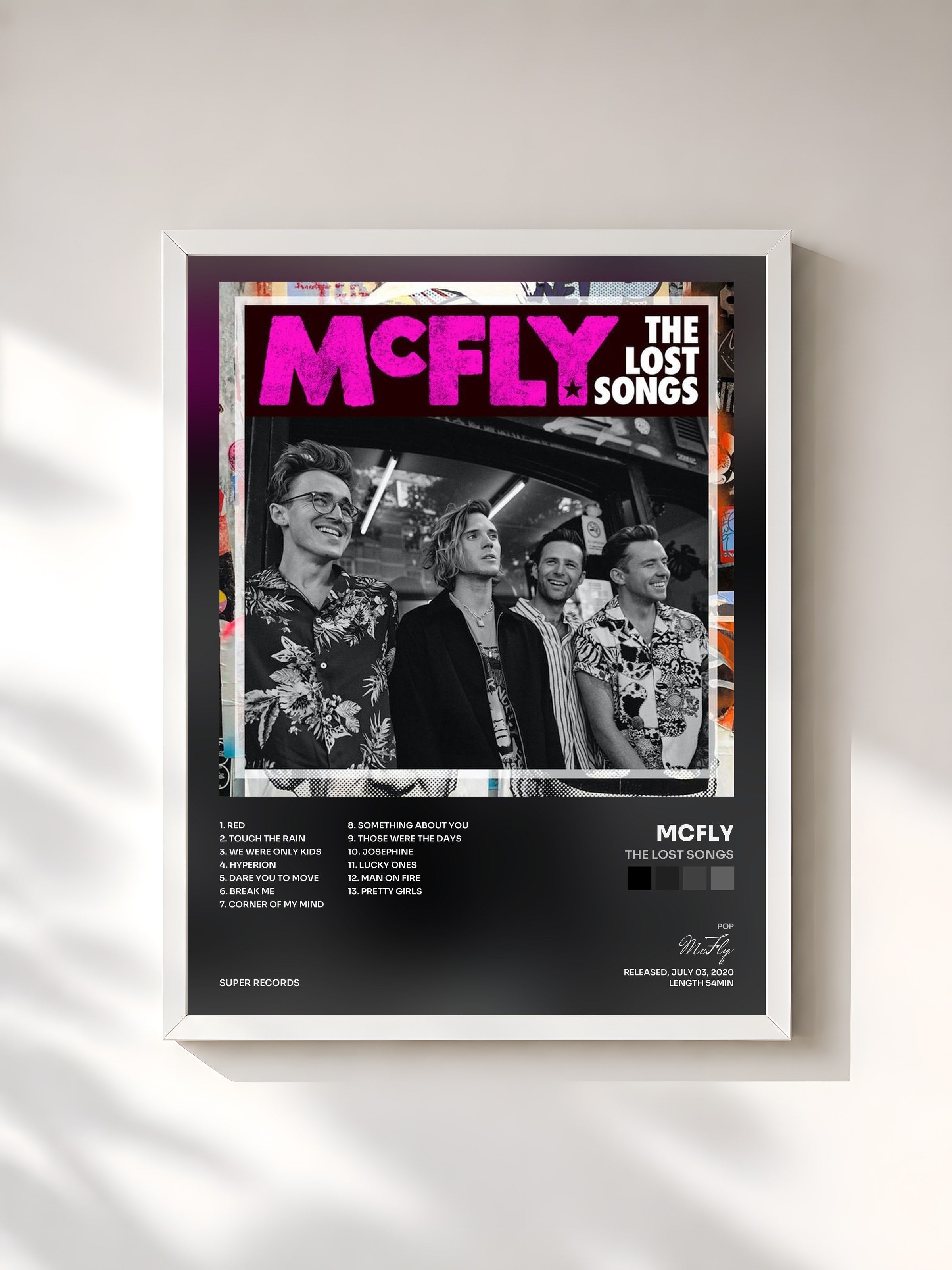 #blanc Tableau de l'album The Lost Songs de McFly, cadre blanc, imprimé et encadré en France