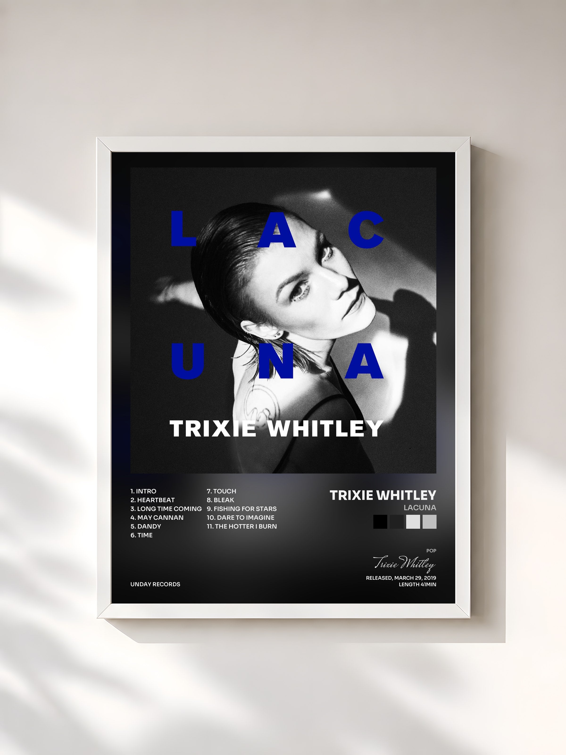 #blanc Tableau de l'album Lacuna de Trixie Whitley, cadre blanc, imprimé et encadré en France
