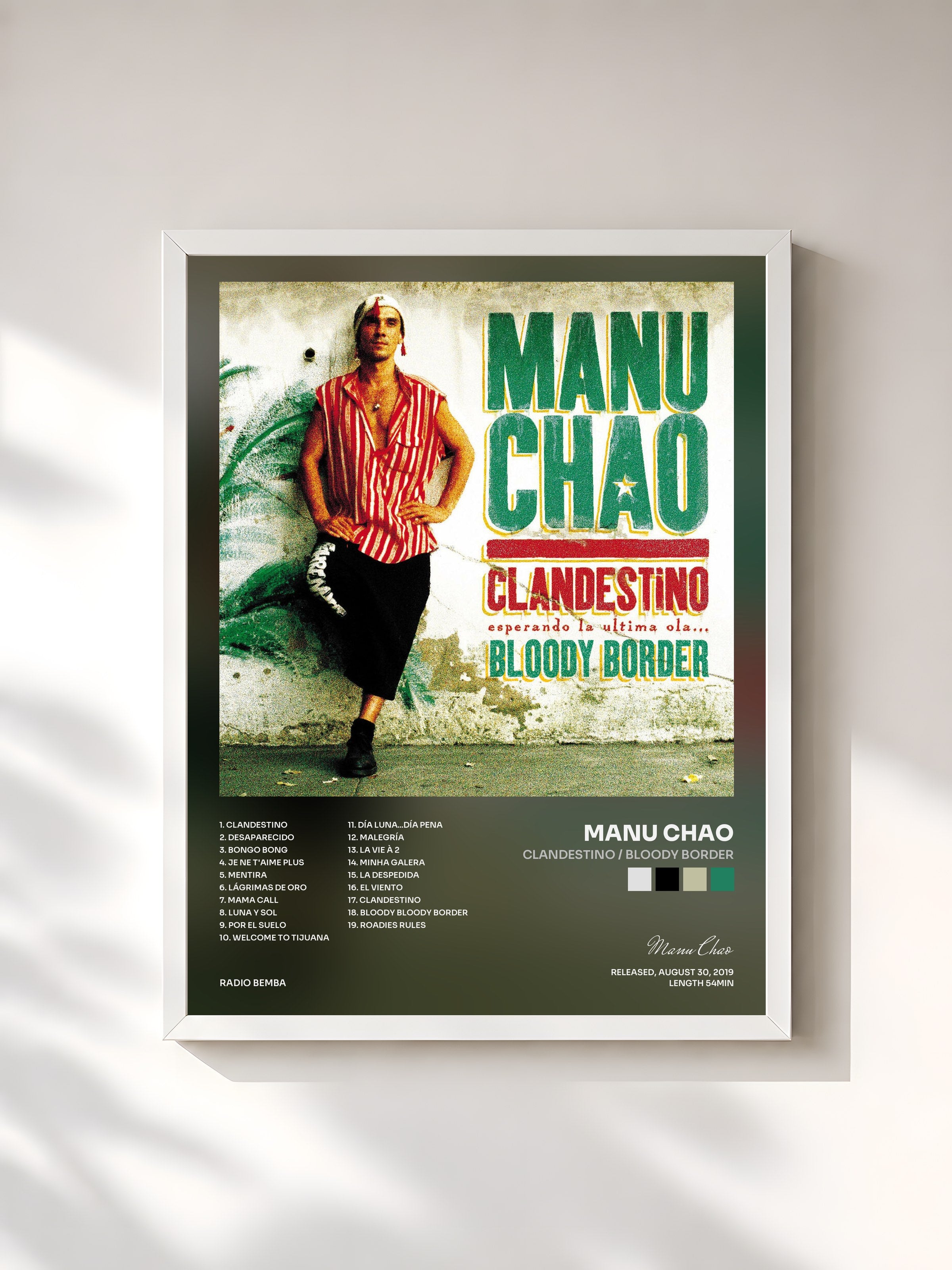 #blanc Tableau de l'album Clandestino / Bloody Border de Manu Chao, cadre blanc, imprimé et encadré en France