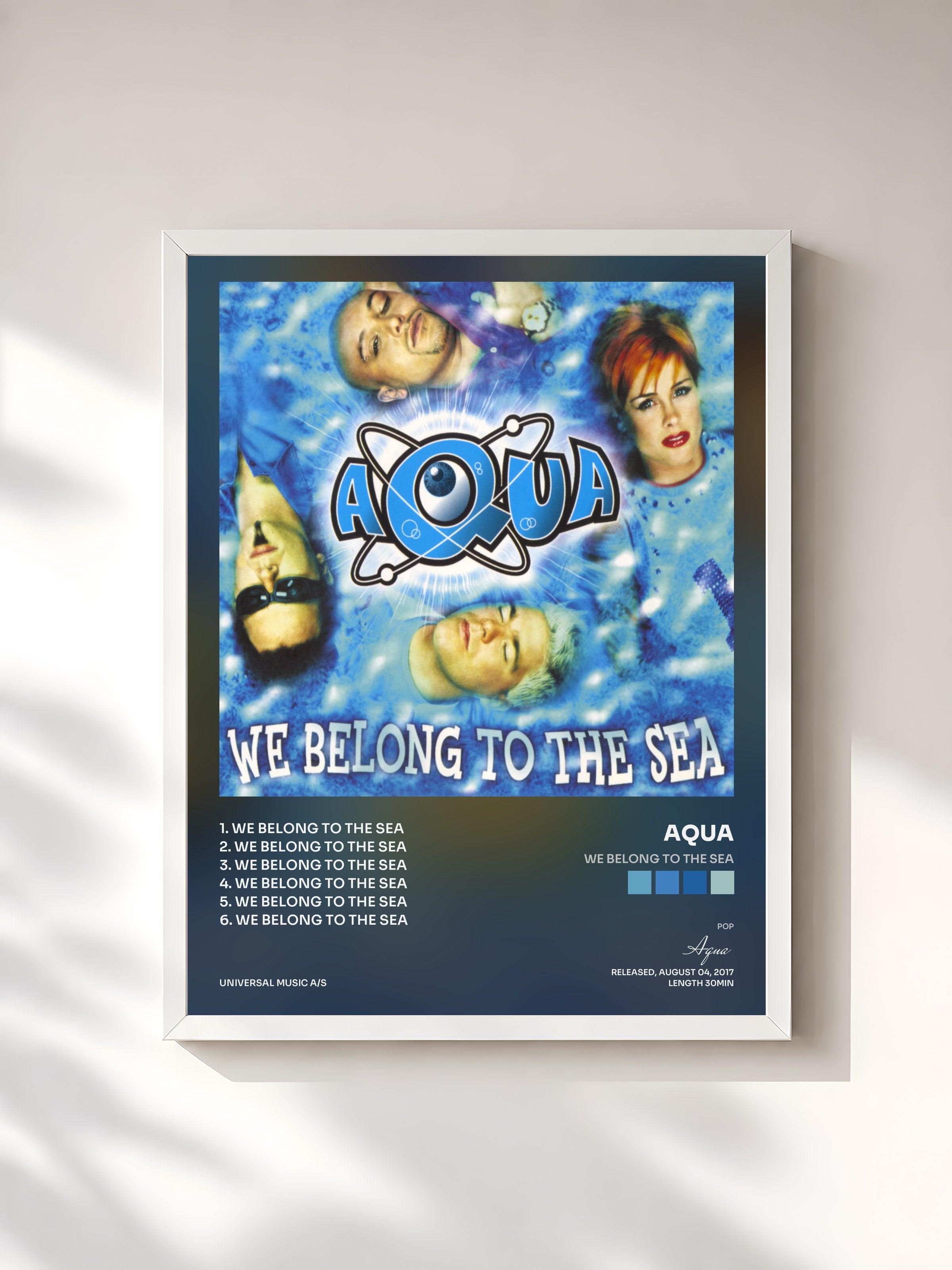#blanc Tableau de l'album We Belong To The Sea de Aqua, cadre blanc, imprimé et encadré en France