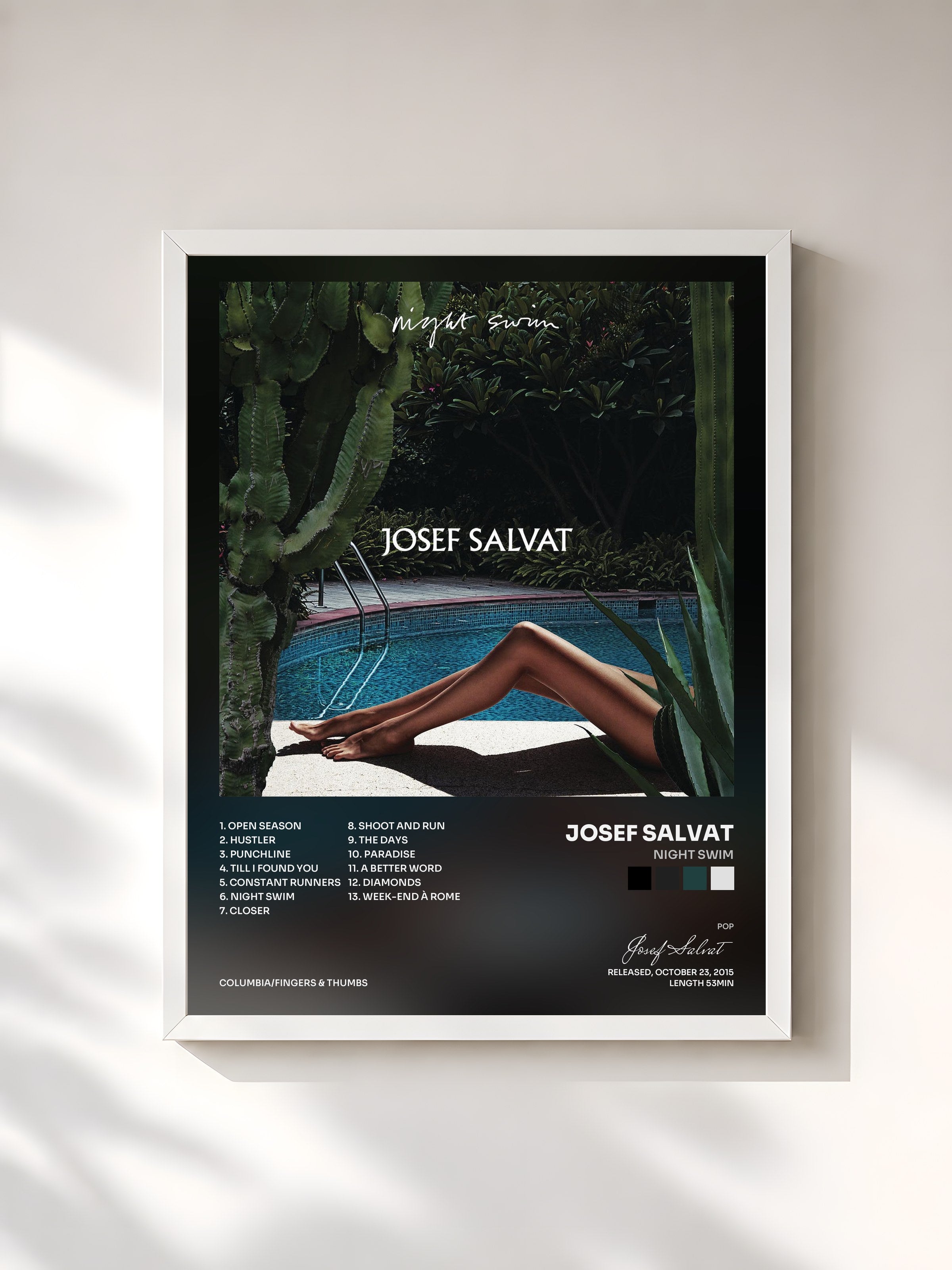 #blanc Tableau de l'album Night Swim de Josef Salvat, cadre blanc, imprimé et encadré en France