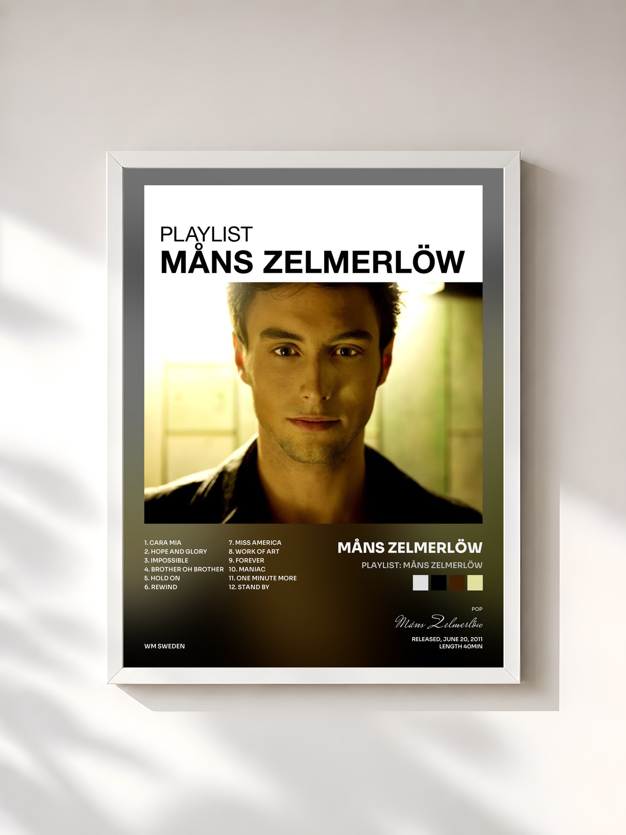 #blanc Tableau de l'album Playlist: Måns Zelmerlöw de Måns Zelmerlöw, cadre blanc, imprimé et encadré en France