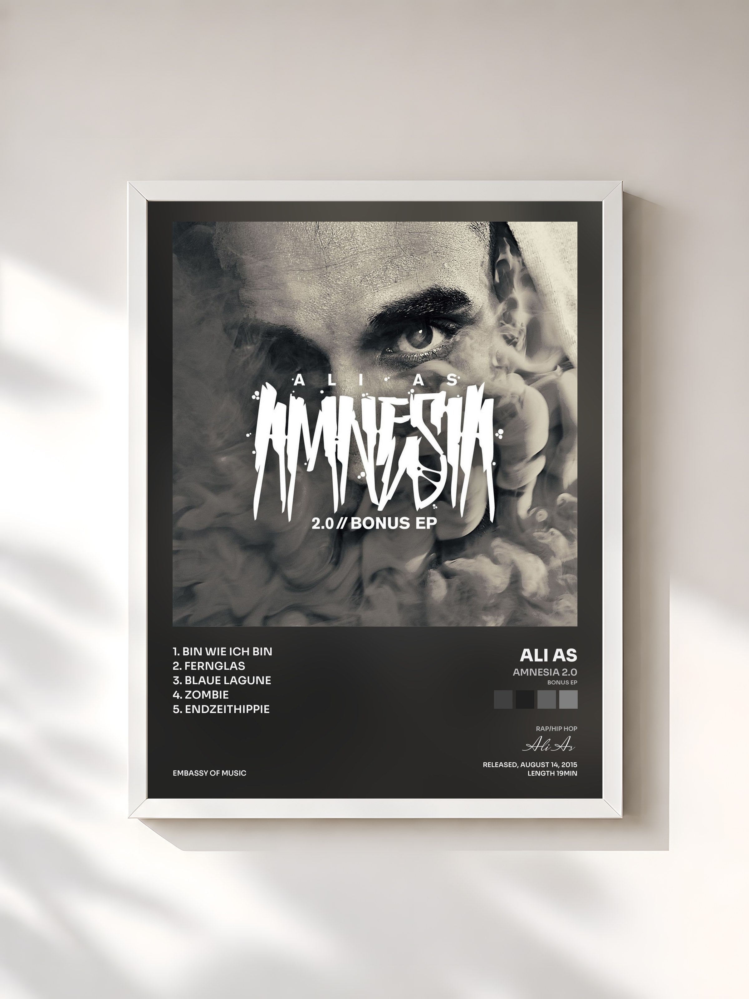 #blanc Tableau de l'album Amnesia 2.0 (Bonus EP) de Ali As, cadre blanc, imprimé et encadré en France