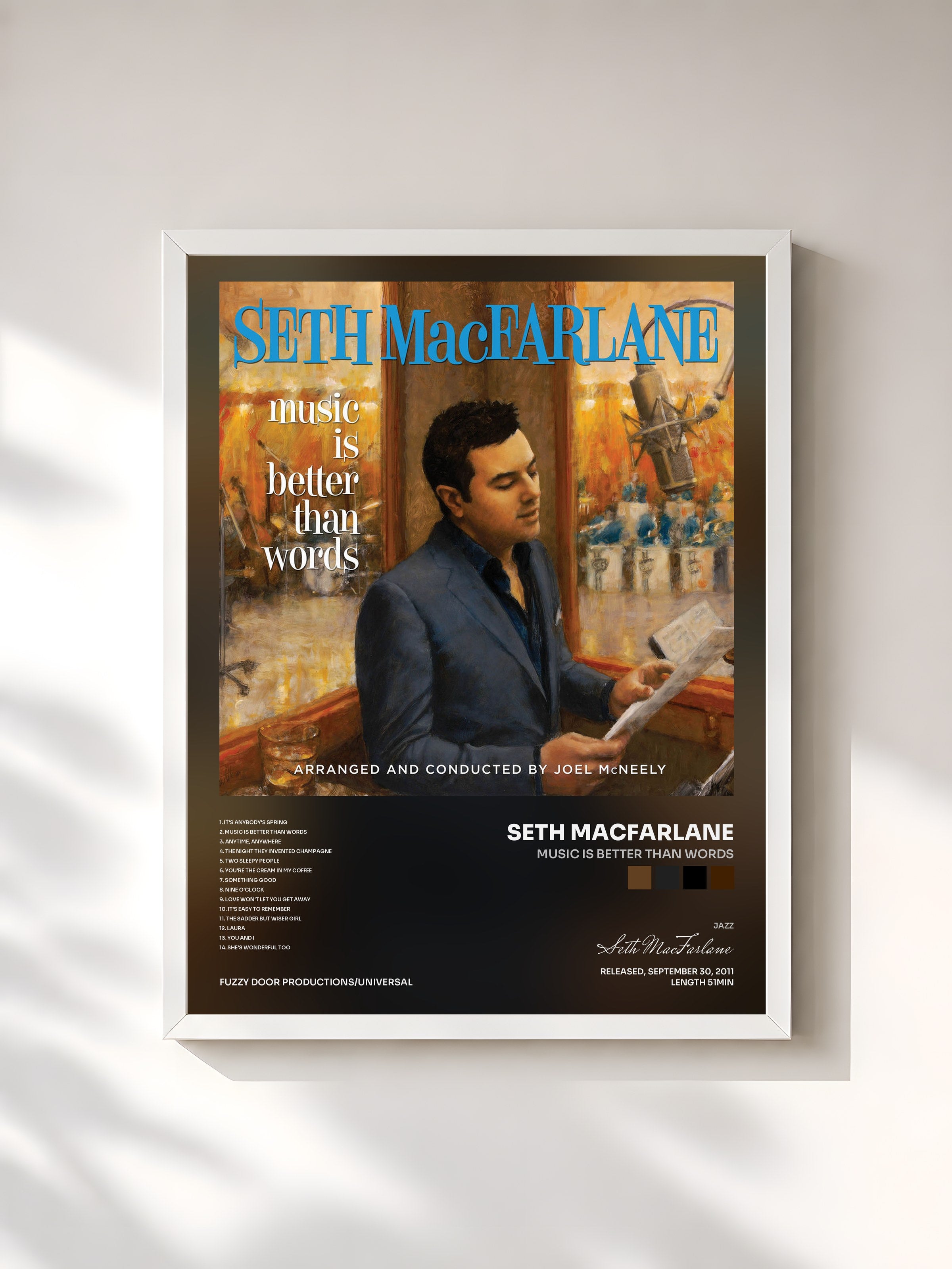 #blanc Tableau de l'album Music Is Better Than Words de Seth MacFarlane, cadre blanc, imprimé et encadré en France