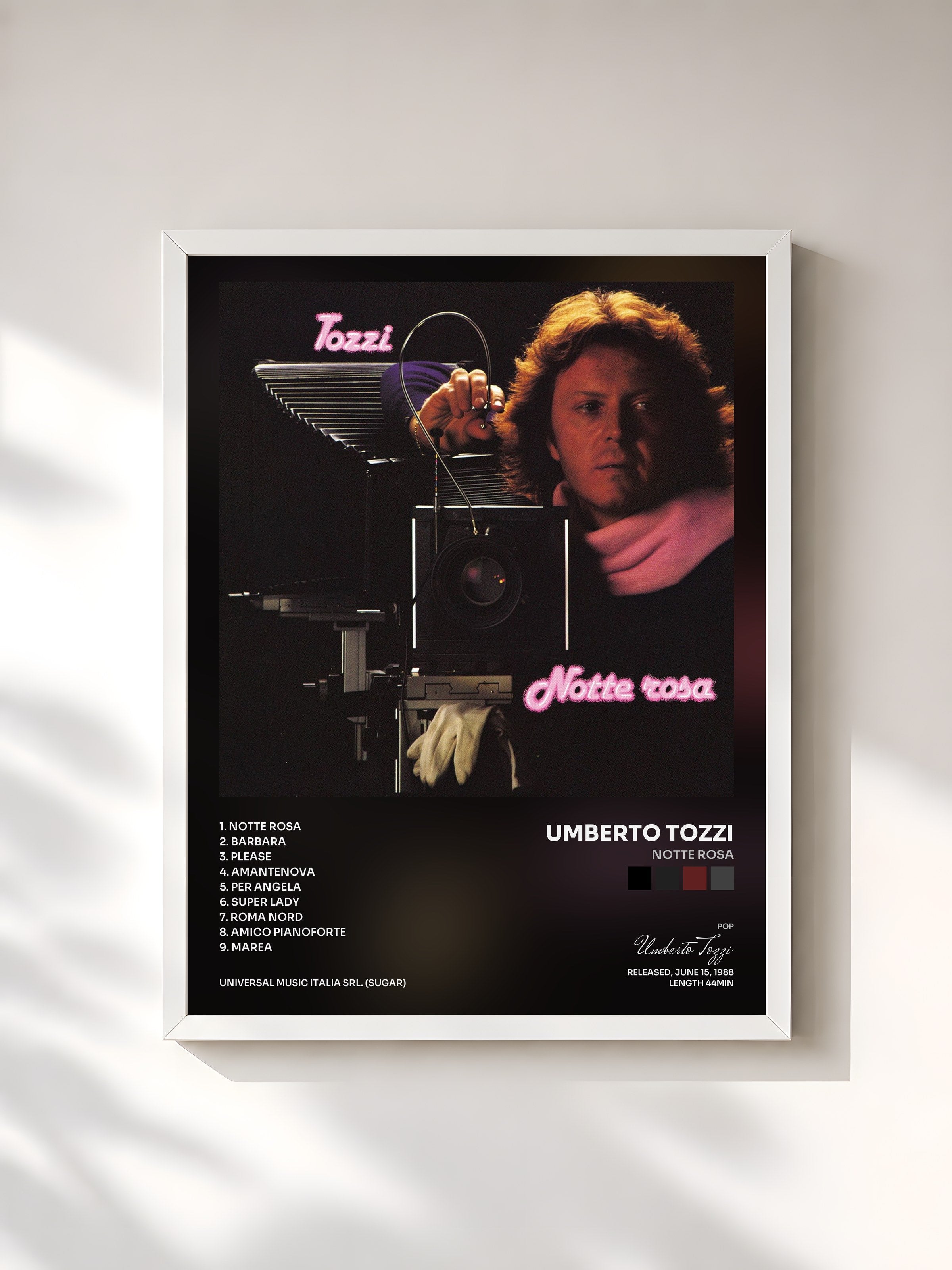 #blanc Tableau de l'album Notte rosa de Umberto Tozzi, cadre blanc, imprimé et encadré en France