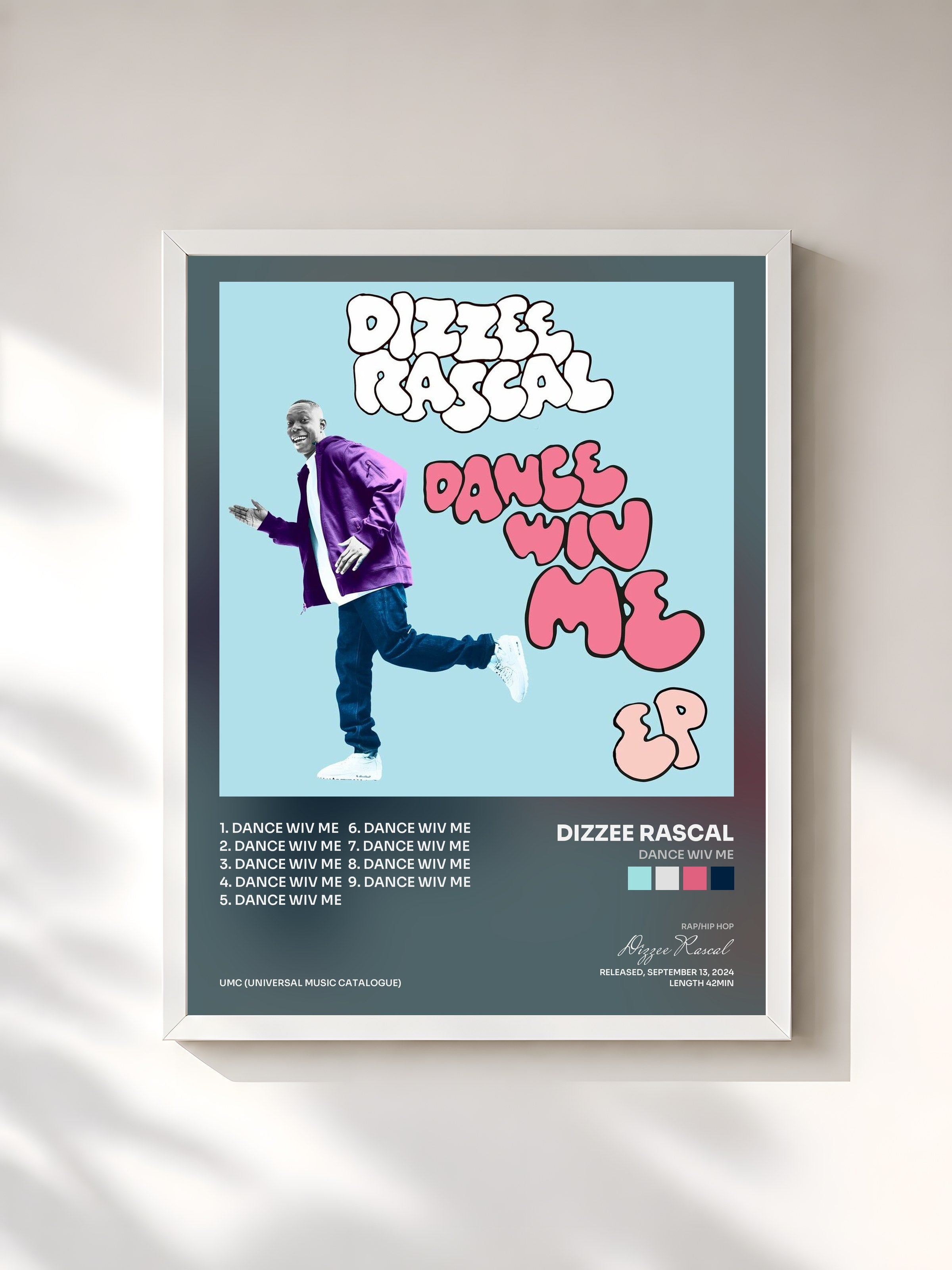 #blanc Tableau de l'album DANCE WIV ME de Dizzee Rascal, cadre blanc, imprimé et encadré en France