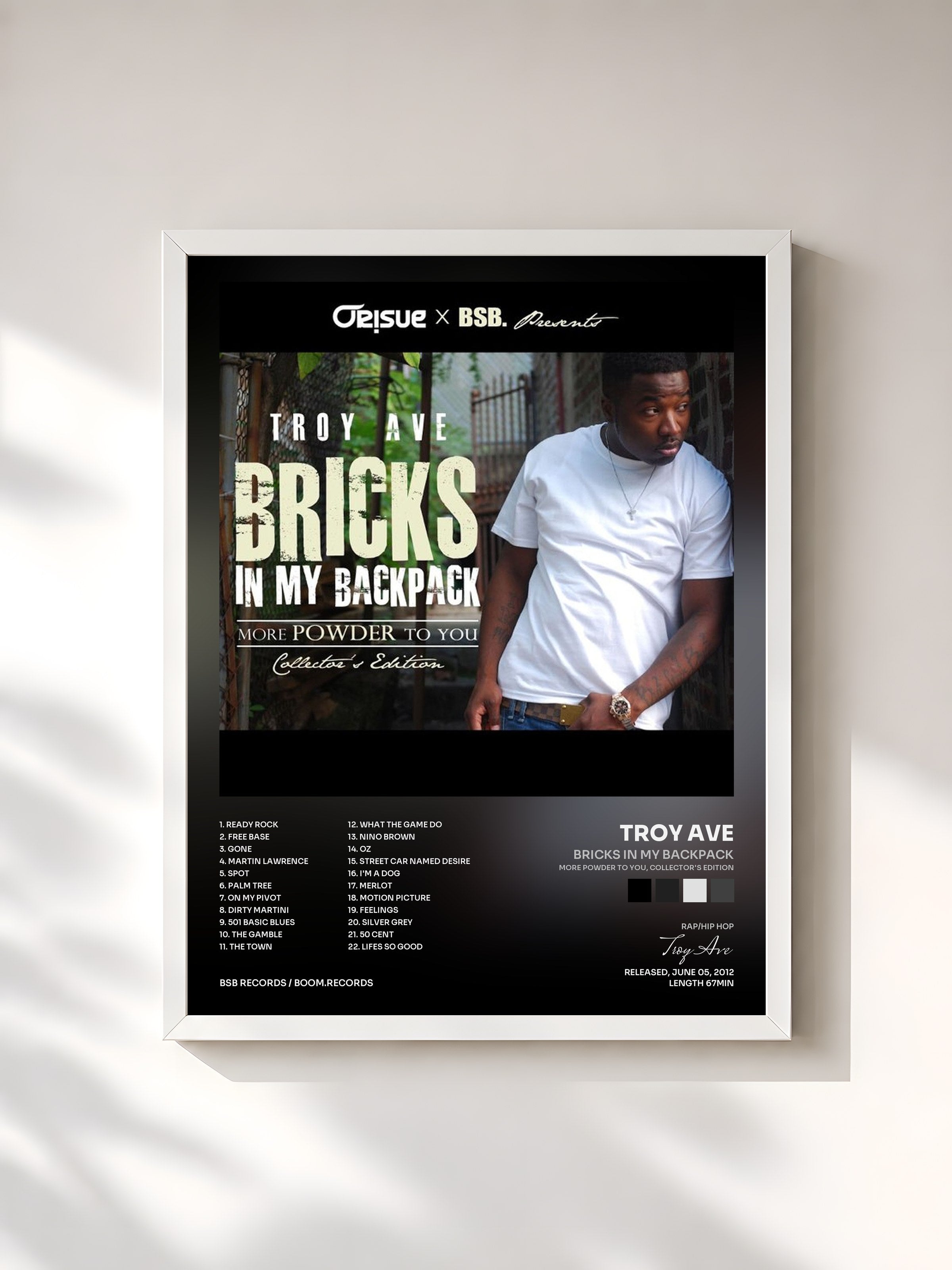 #blanc Tableau de l'album Bricks In My Backpack (More Powder To You, Collector's Edition) de Troy Ave, cadre blanc, imprimé et encadré en France