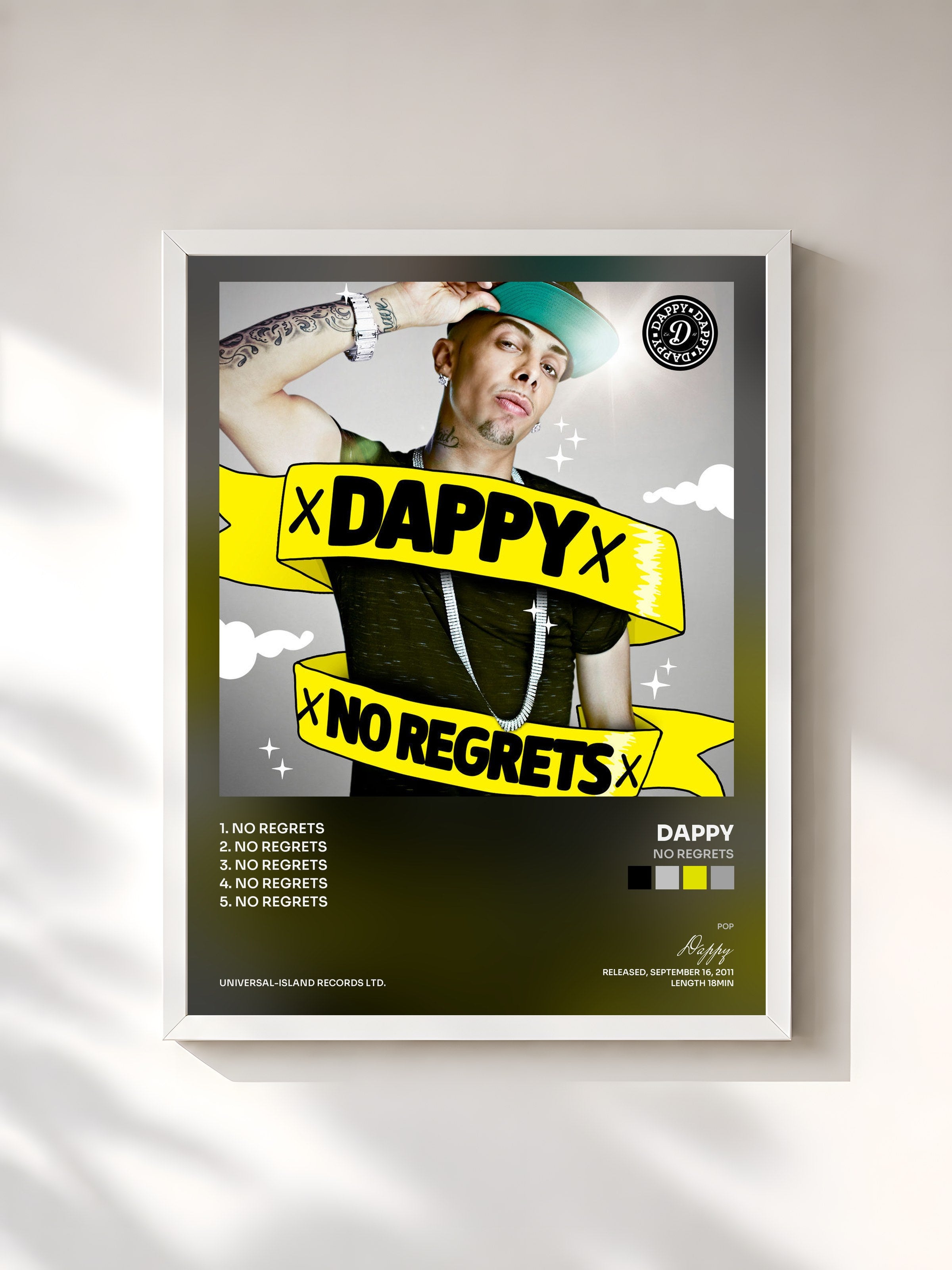 #blanc Tableau de l'album No Regrets de Dappy, cadre blanc, imprimé et encadré en France