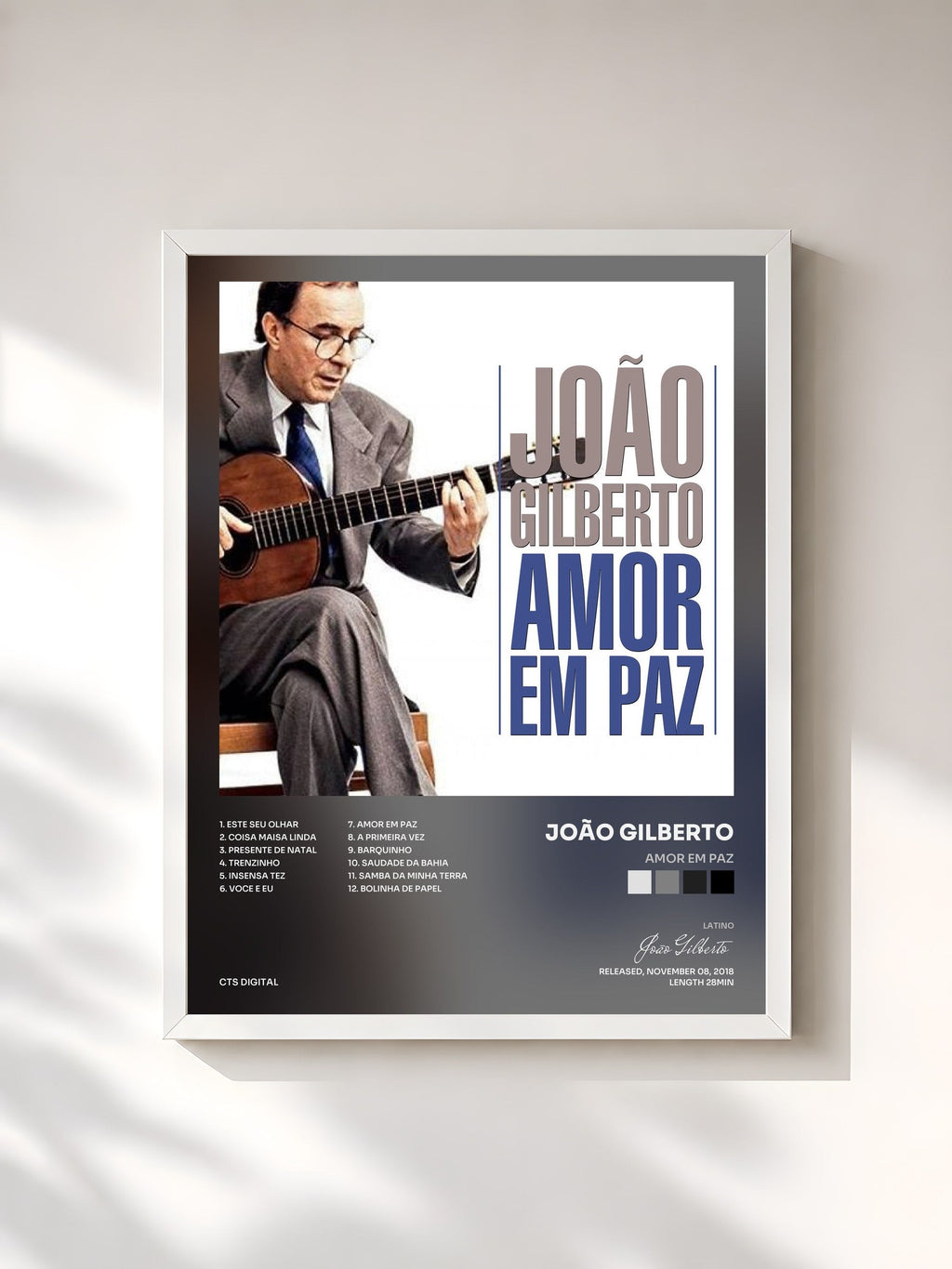 #blanc Tableau de l'album Amor Em Paz de João Gilberto, cadre blanc, imprimé et encadré en France