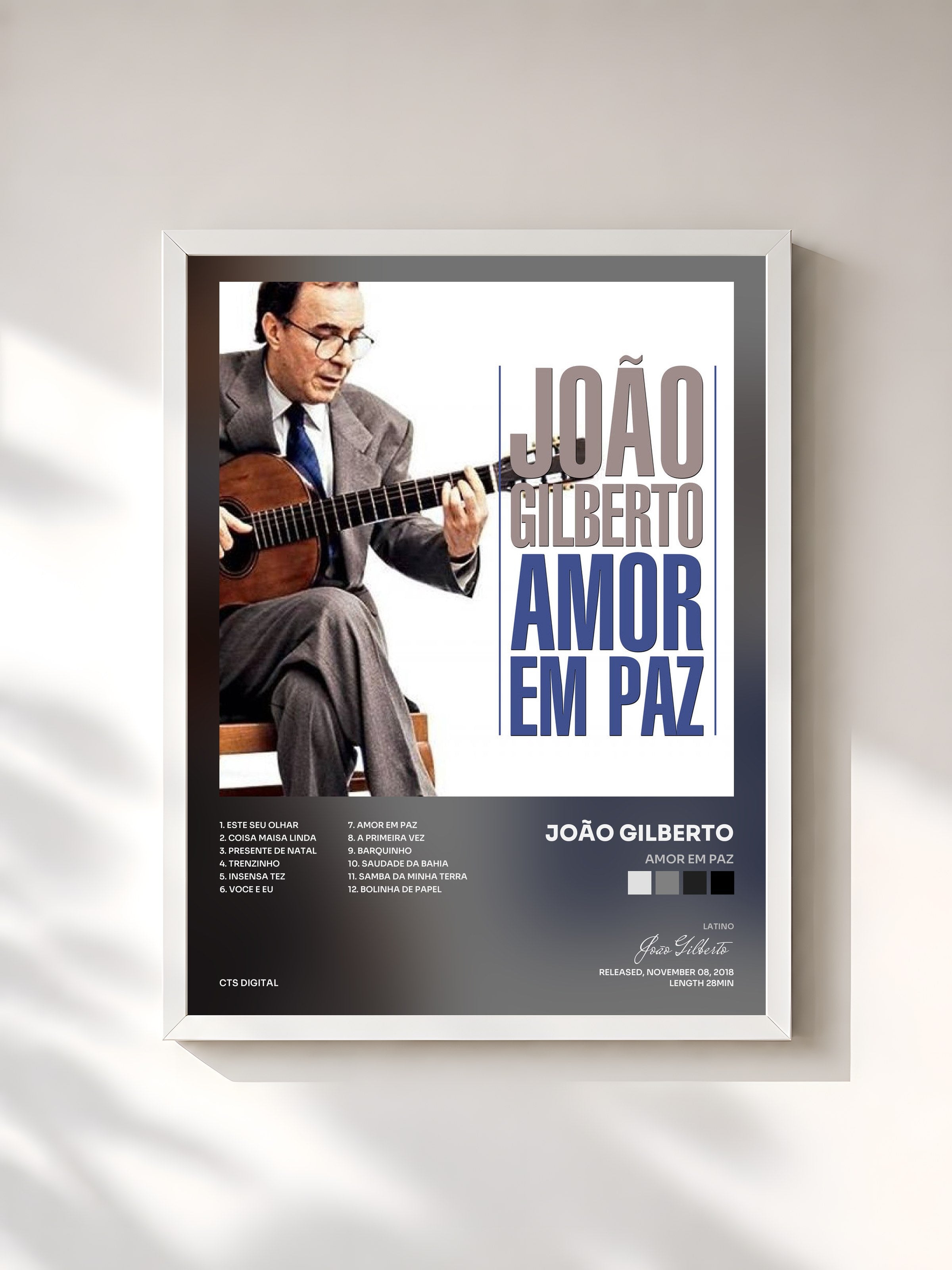 #blanc Tableau de l'album Amor Em Paz de João Gilberto, cadre blanc, imprimé et encadré en France