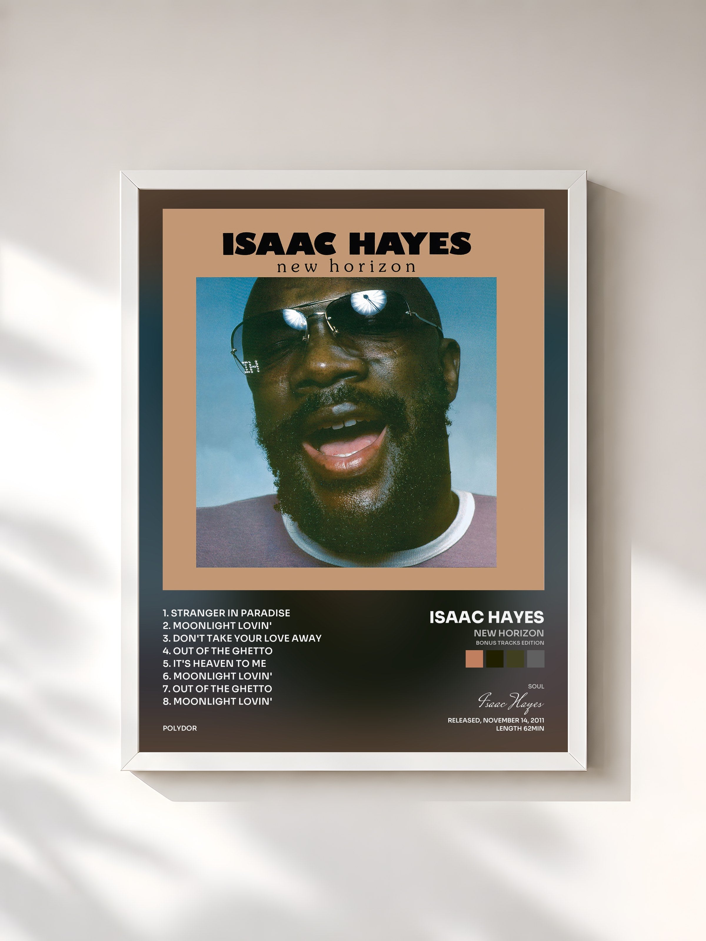 #blanc Tableau de l'album New Horizon (Bonus Tracks Edition) de Isaac Hayes, cadre blanc, imprimé et encadré en France