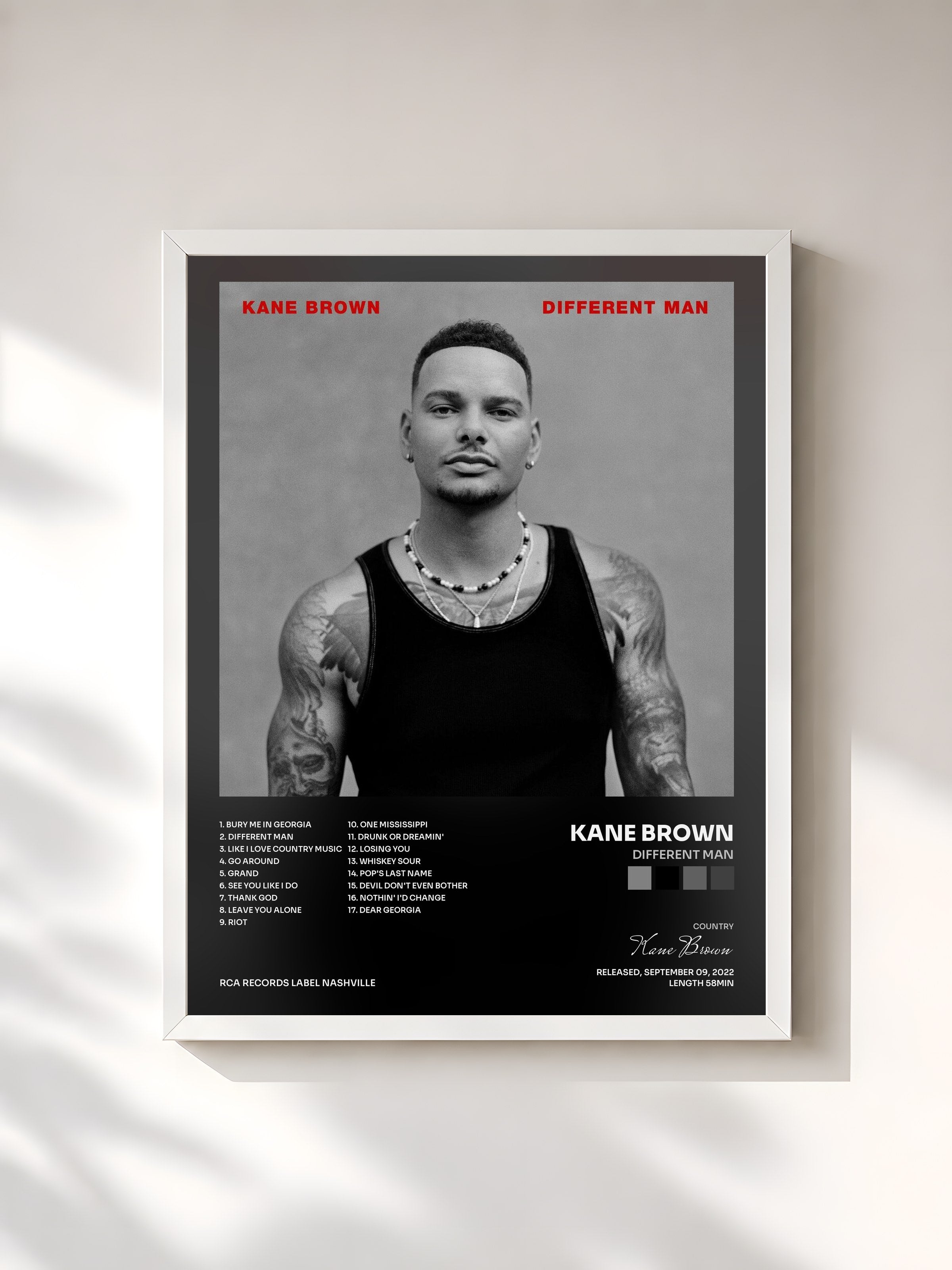 #blanc Tableau de l'album Different Man de Kane Brown, cadre blanc, imprimé et encadré en France