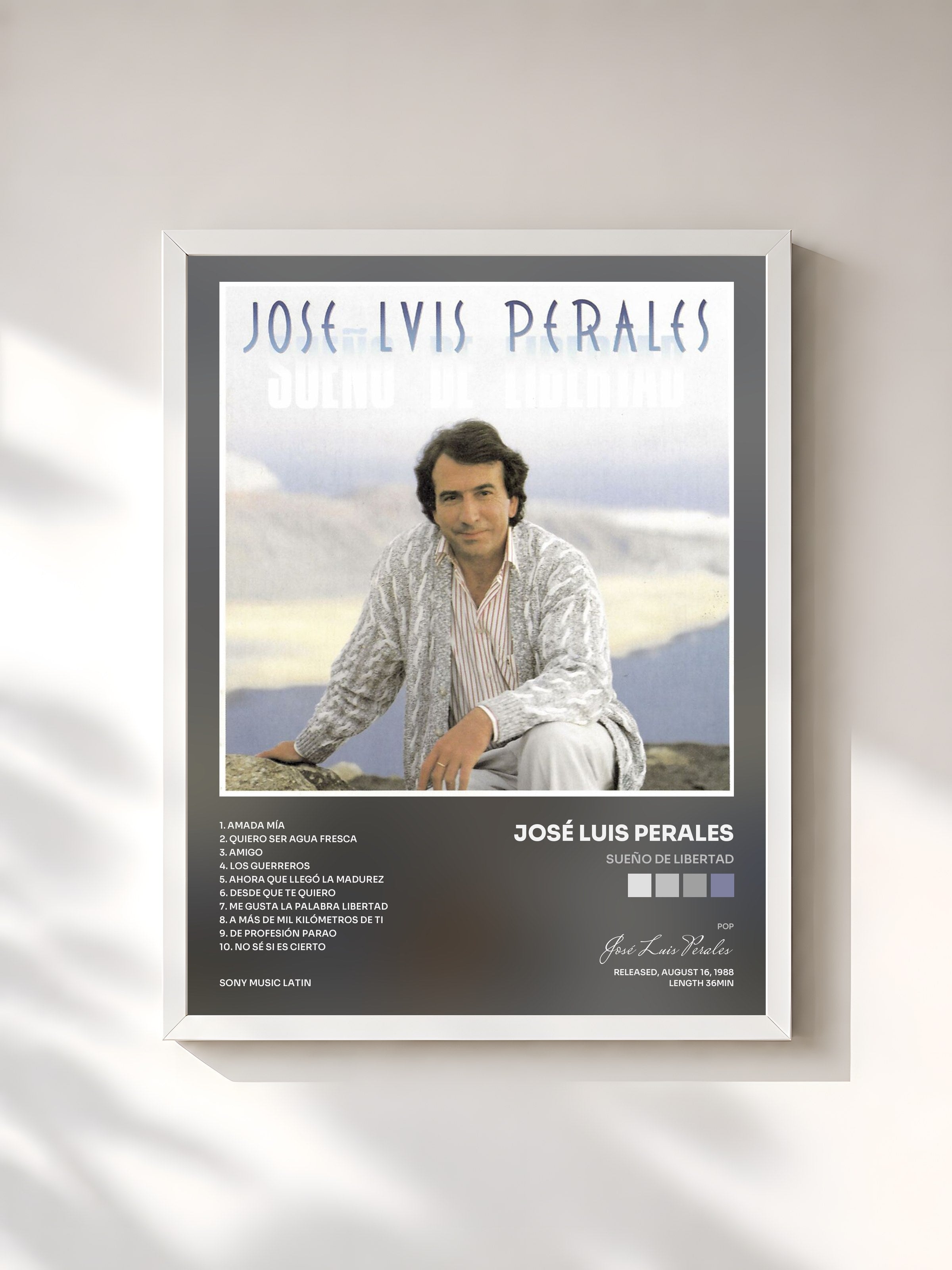 #blanc Tableau de l'album Sueño de Libertad de José Luis Perales, cadre blanc, imprimé et encadré en France