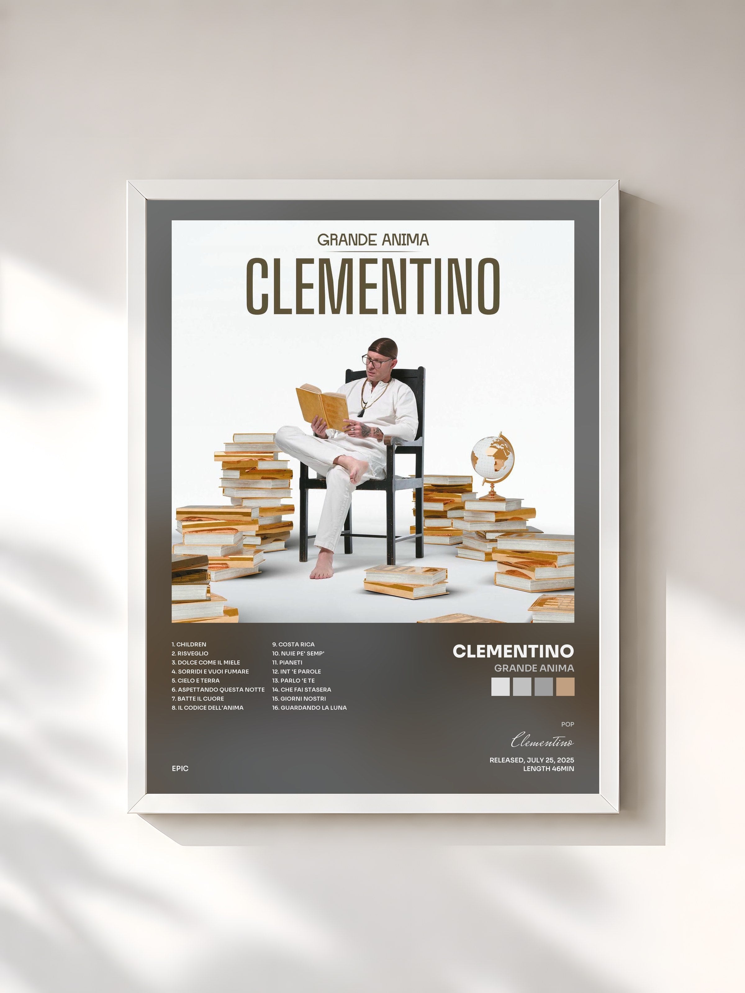 #blanc Tableau de l'album GRANDE ANIMA de Clementino, cadre blanc, imprimé et encadré en France