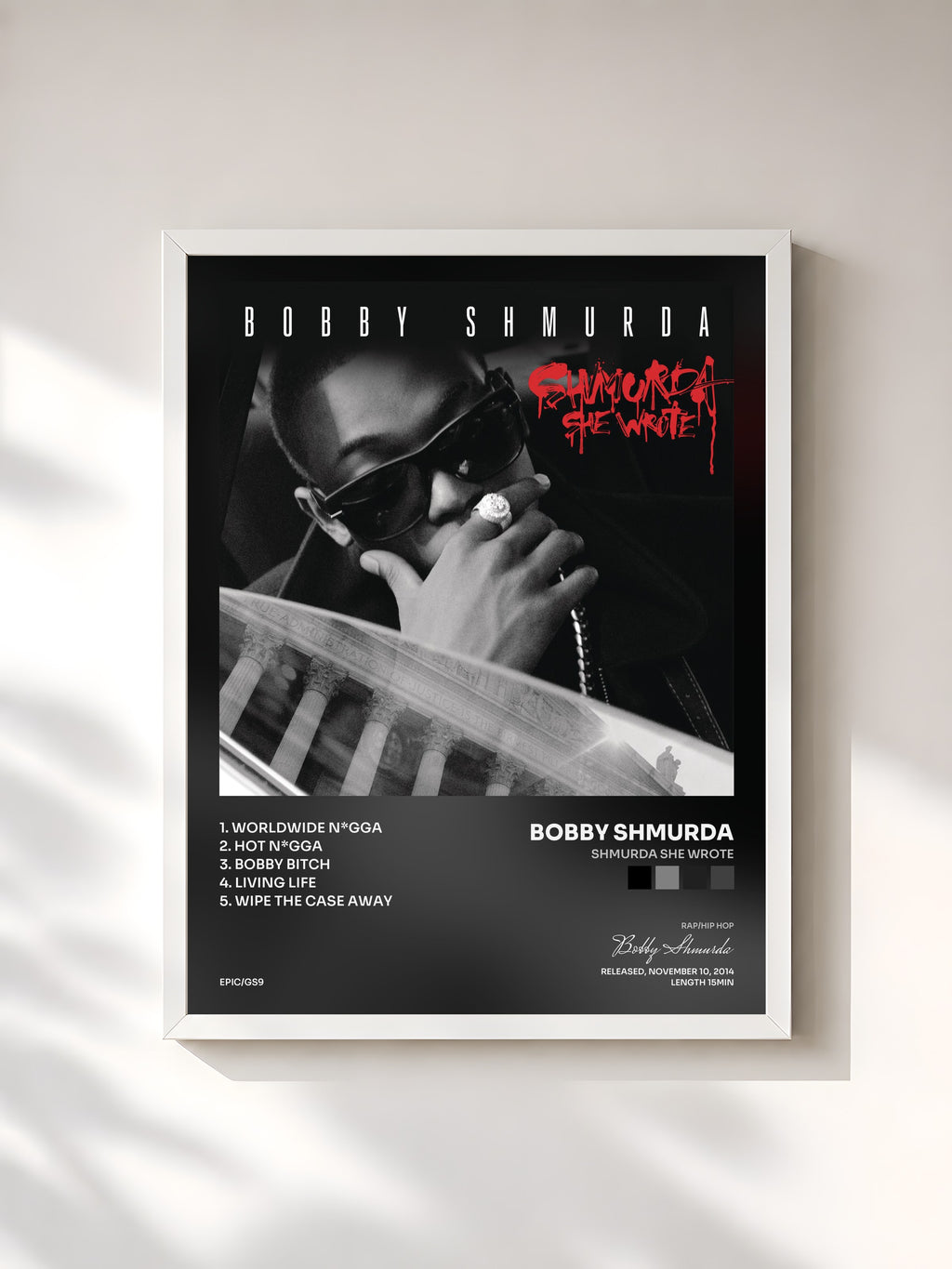 #blanc Tableau de l'album Shmurda She Wrote de Bobby Shmurda, cadre blanc, imprimé et encadré en France