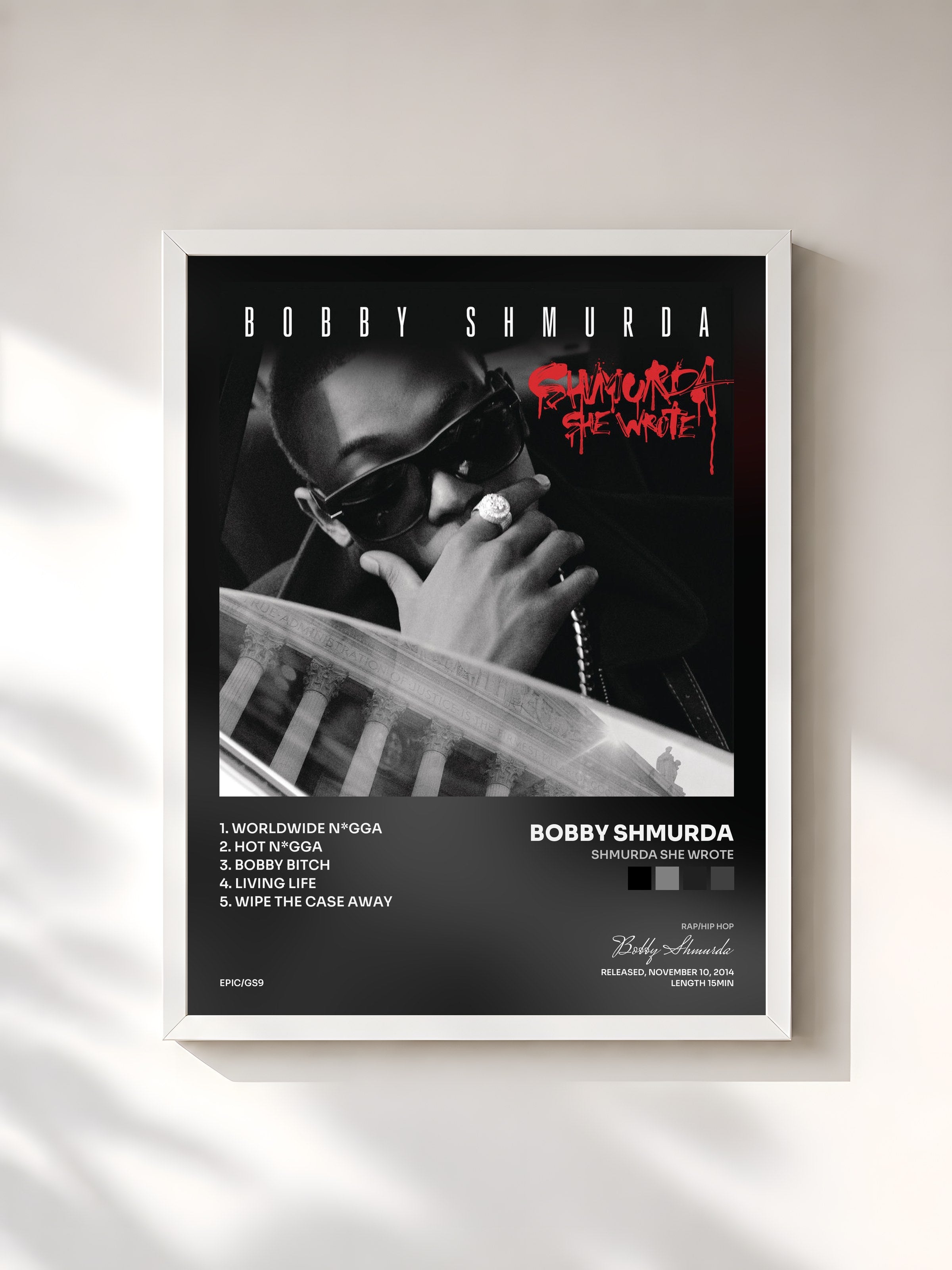 #blanc Tableau de l'album Shmurda She Wrote de Bobby Shmurda, cadre blanc, imprimé et encadré en France