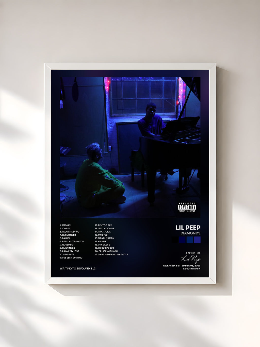 #blanc Tableau de l'album DIAMONDS de Lil Peep, cadre blanc, imprimé et encadré en France
