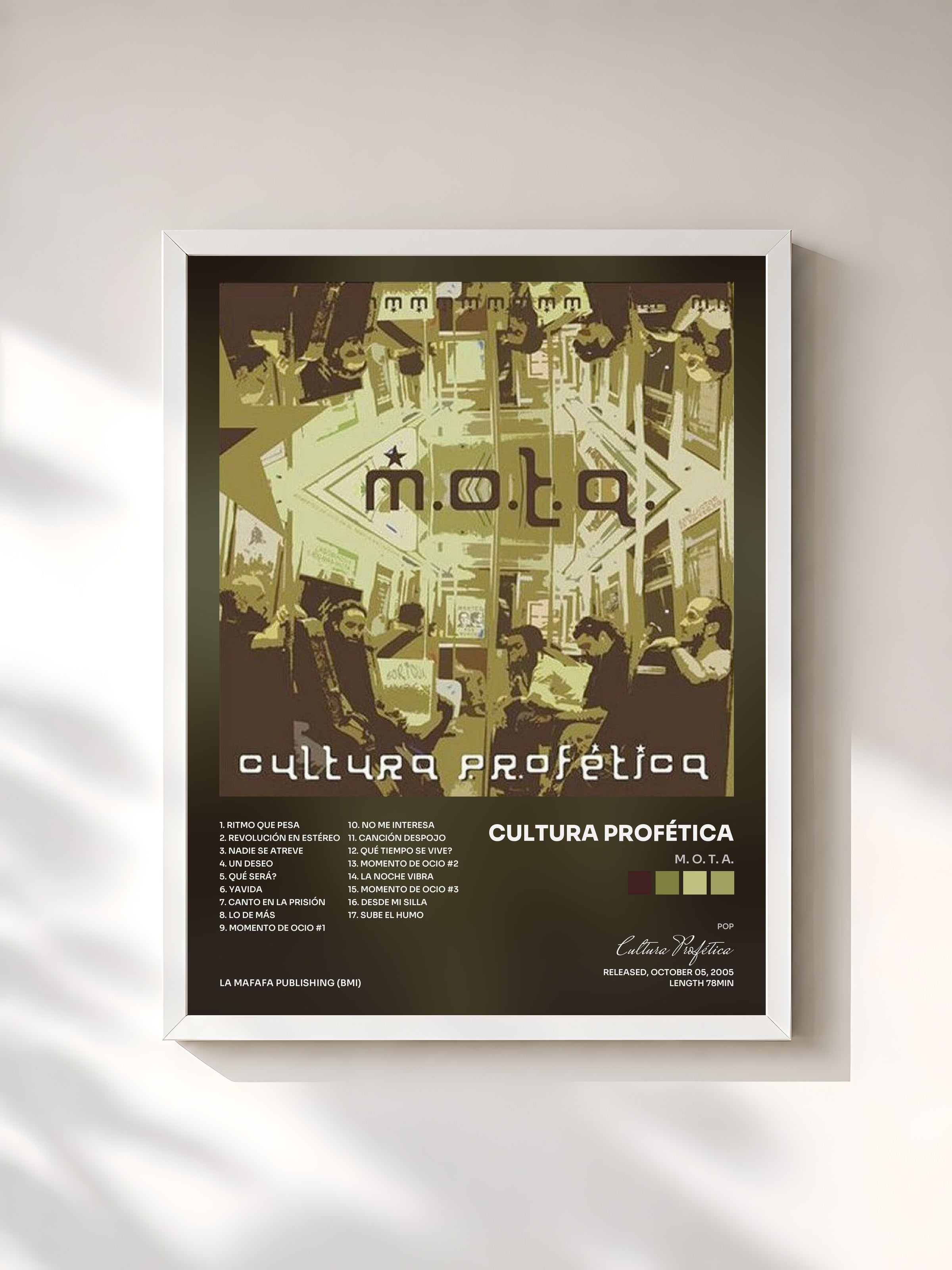 #blanc Tableau de l'album M. O. T. A. de Cultura Profética, cadre blanc, imprimé et encadré en France