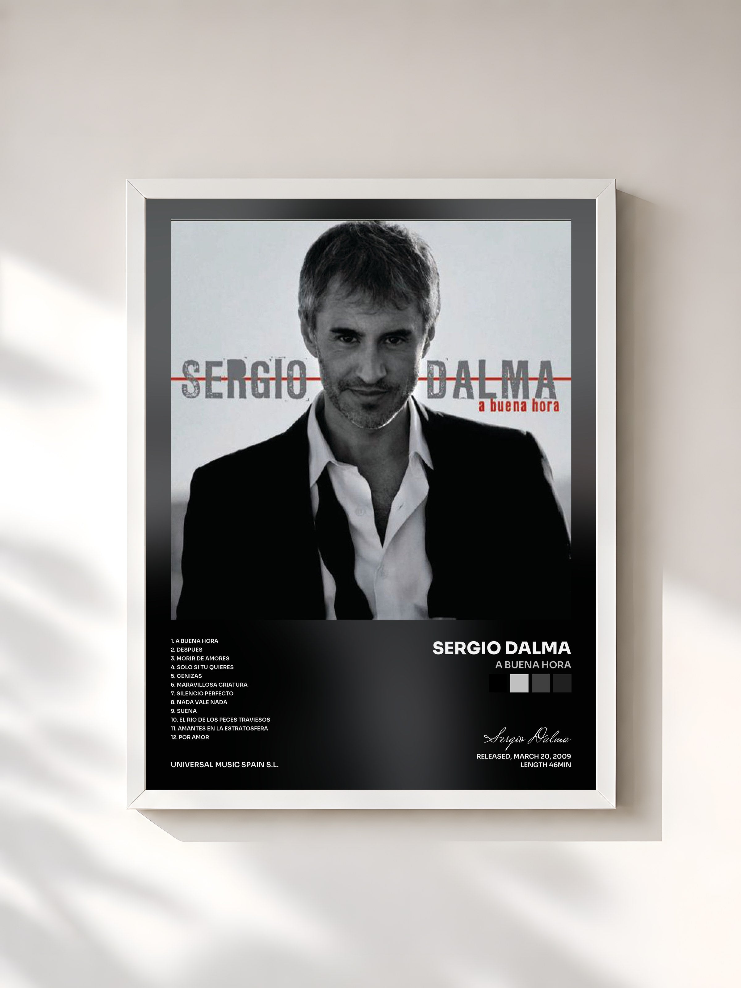#blanc Tableau de l'album A Buena Hora de Sergio Dalma, cadre blanc, imprimé et encadré en France