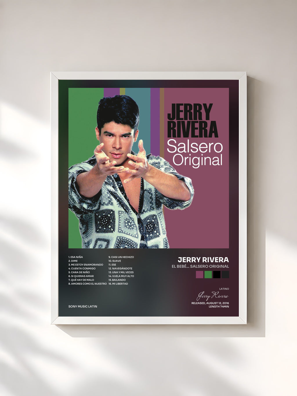 #blanc Tableau de l'album El Bebé... Salsero Original de Jerry Rivera, cadre blanc, imprimé et encadré en France