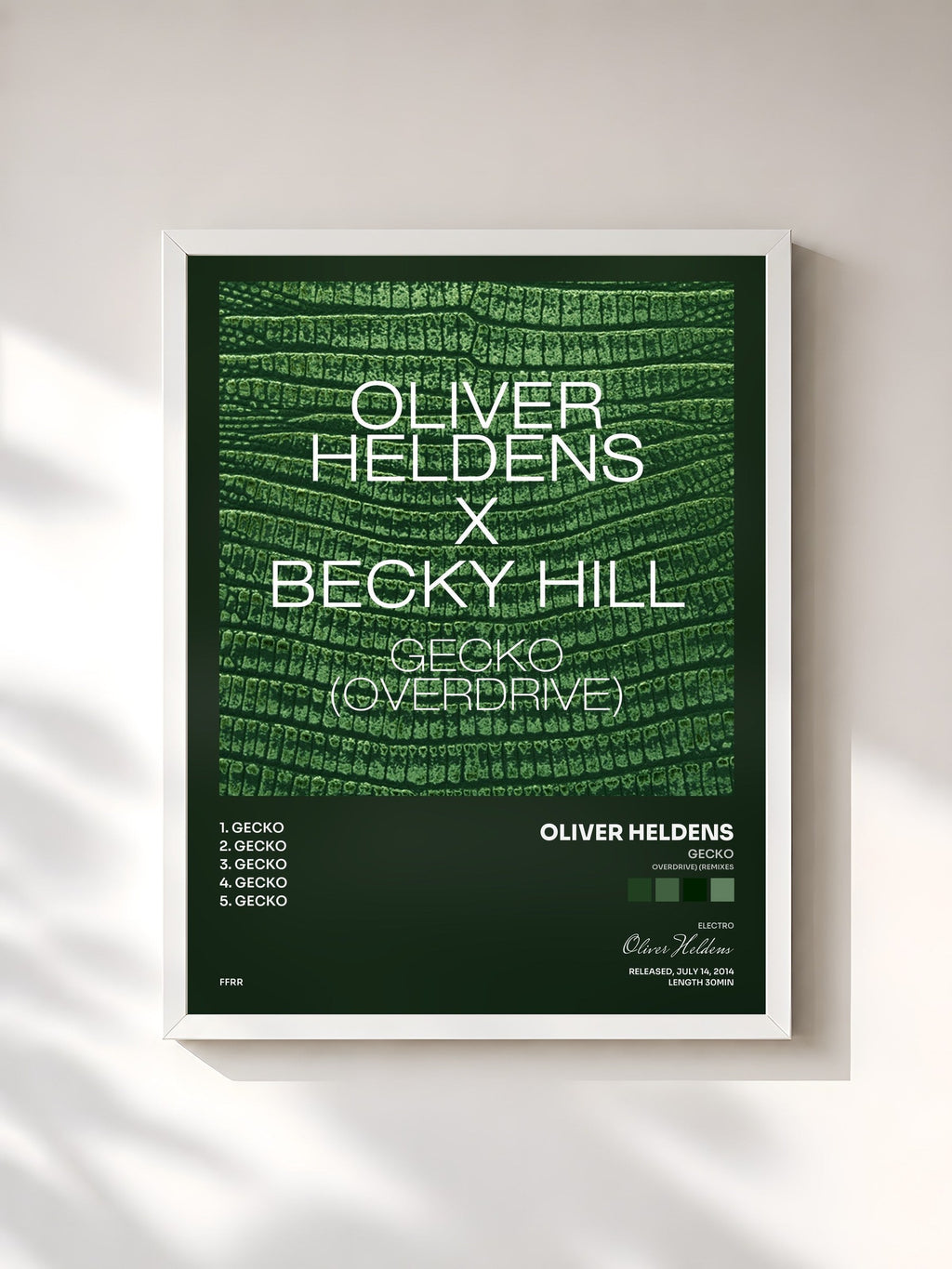 #blanc Gecko (Overdrive) (Remixes) by Oliver Heldens as a framed art print, white frame, printed and framed in France